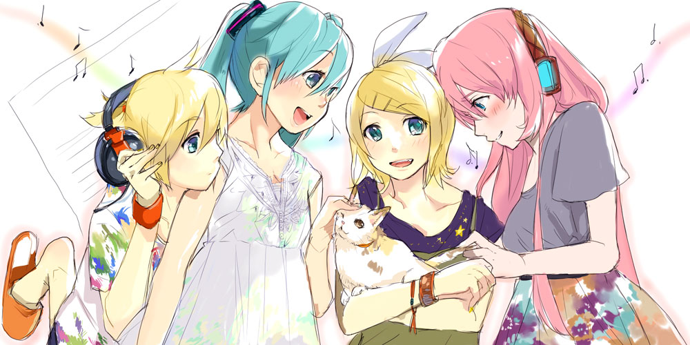 ume (plumblossom), hatsune miku, kagamine len, kagamine rin, megurine luka, vocaloid, bad id, bad pixiv id, 1boy, 3girls, aqua hair, blonde hair, blue eyes, blush, casual, cat, hair ornament, hair ribbon, hairclip, headphones, long hair, multiple girls, musical note, pink hair, ribbon, short hair, smile, twintails