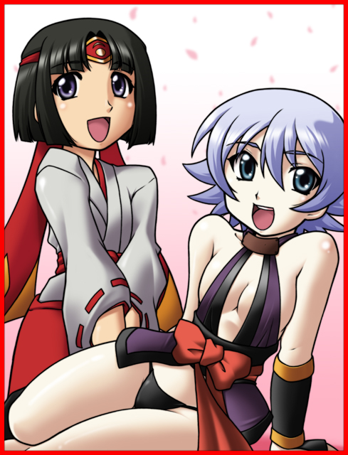 harada shoutarou, musha miko tomoe, shizuka (queen's blade), tomoe (queen's blade), queen's blade, silver hair, 00s, 2girls, :d, aged down, aqua eyes, bad anatomy, black hair, blue eyes, border, chibi, child, multiple girls, open mouth, poorly drawn, red border, smile