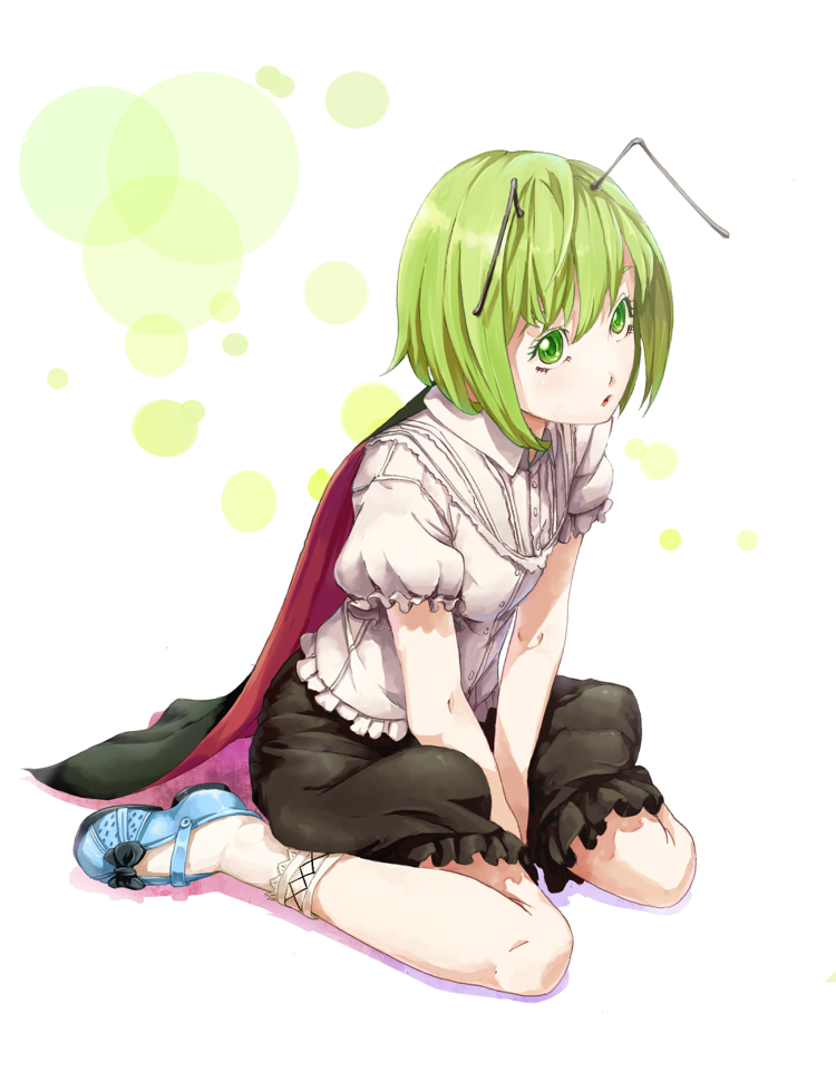 sousou (sousouworks), wriggle nightbug, touhou, 1girl, antennae, cape, female focus, full body, green eyes, green hair, mary janes, matching hair/eyes, shoes, short hair, sitting, solo