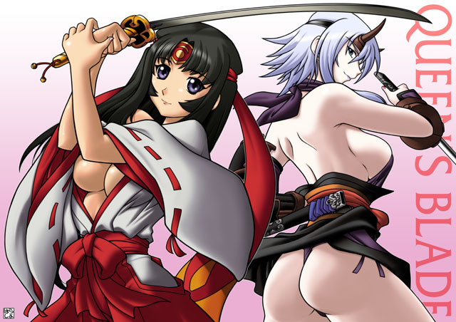 harada shoutarou, musha miko tomoe, shizuka (queen's blade), tomoe (queen's blade), queen's blade, silver hair, 00s, 2girls, black hair, blue eyes, breasts, cleavage, headband, horns, japanese clothes, katana, large breasts, long hair, miko, multiple girls, ninja, panties, sideboob, smile, sword, thong, underwear, weapon