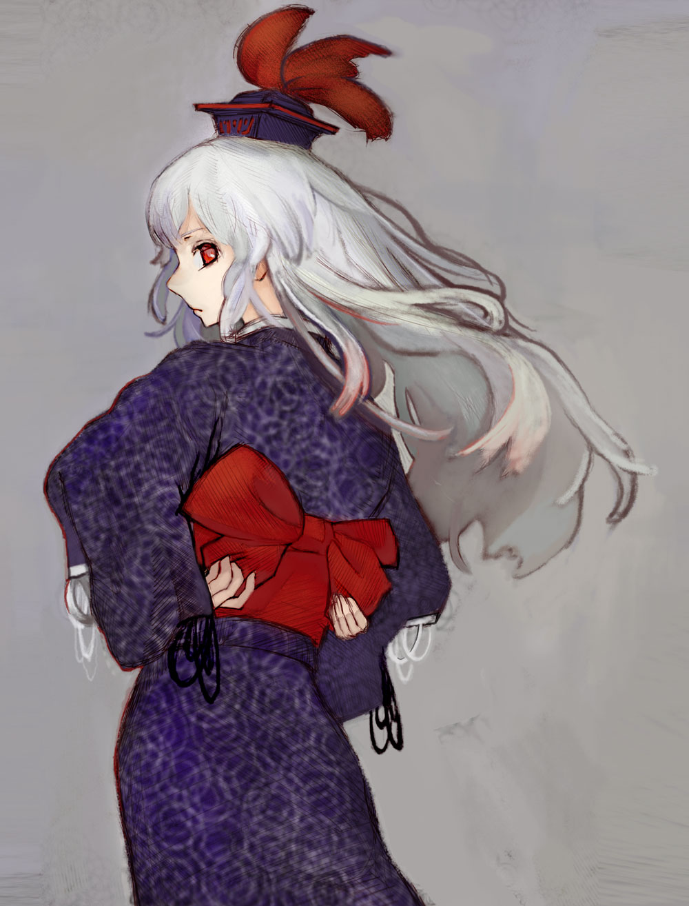 madokan suzuki, kamishirasawa keine, touhou, highres, 1girl, female focus, hat, japanese clothes, kimono, long hair, red eyes, ribbon, solo, white hair
