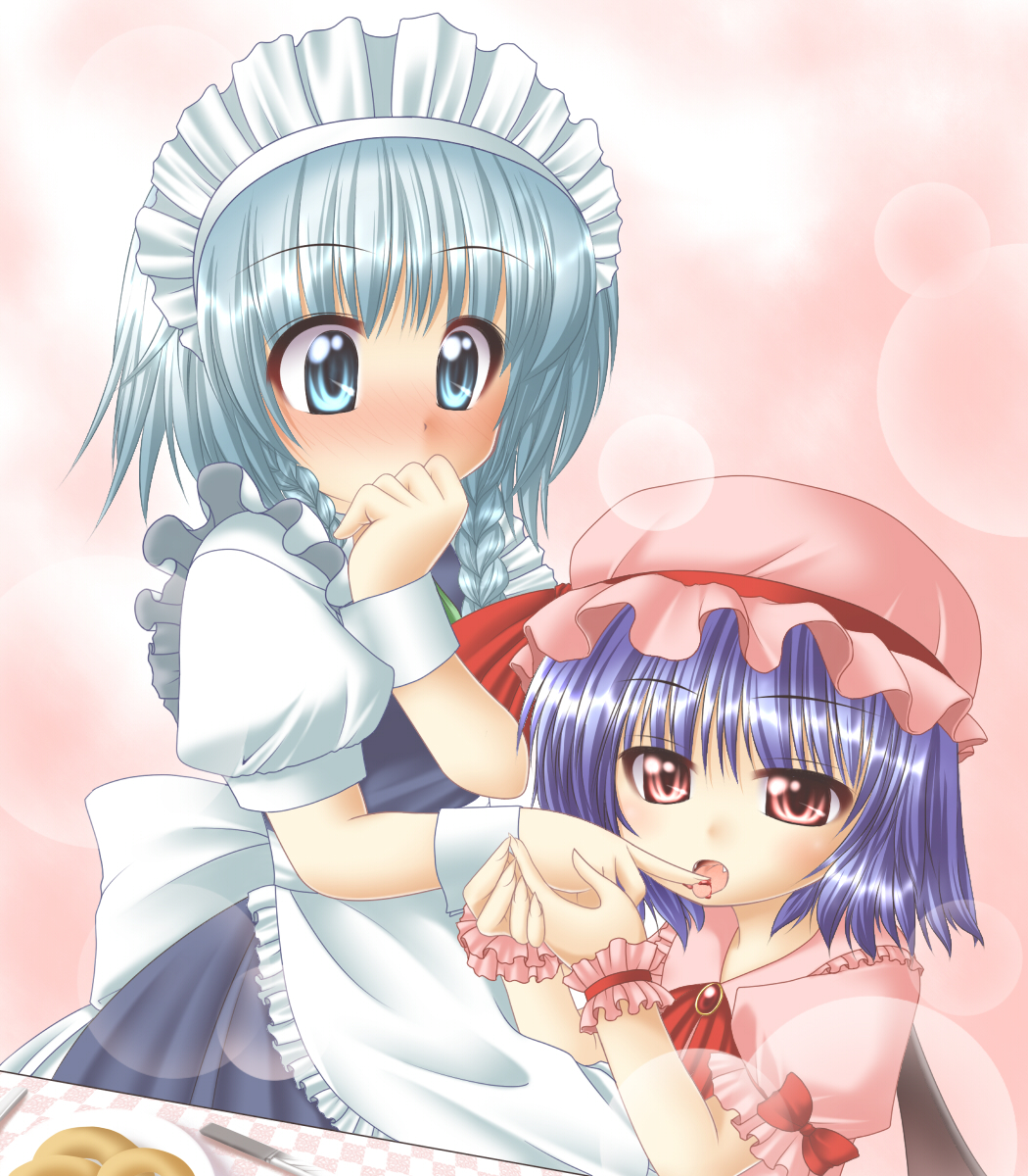 chitose (pixiv), kagura chitose, izayoi sakuya, remilia scarlet, touhou, silver hair, highres, 2girls, blood, blue eyes, blue hair, blush, braid, fangs, female focus, hat, knife, licking, licking finger, multiple girls, red eyes, short hair, twin braids, wings