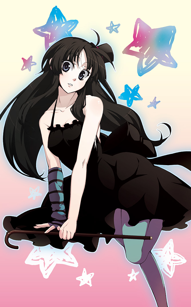 kabayaki unagi, akiyama mio, don't say "lazy", k-on!, bad id, bad pixiv id, 00s, 1girl, aqua pantyhose, asymmetrical clothes, bare shoulders, black eyes, black hair, blue pantyhose, cane, female focus, fingerless gloves, gloves, hat, long hair, mini hat, mini top hat, pantyhose, single glove, solo, star (symbol), top hat