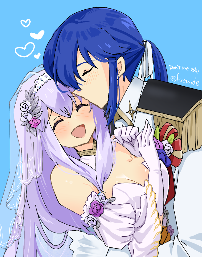 yukia (firstaid0), julia (bride) (fire emblem), julia (fire emblem), seliph (fire emblem), seliph (light's legacy) (fire emblem), fire emblem, fire emblem: genealogy of the holy war, fire emblem heroes, nintendo, 1boy, 1girl, bare shoulders, blue hair, blush, breasts, bride, brother and sister, cleavage, closed eyes, dress, groom, happy, implied incest, kiss, kissing forehead, long hair, medium breasts, official alternate costume, ponytail, purple eyes, purple hair, siblings, simple background, wedding dress