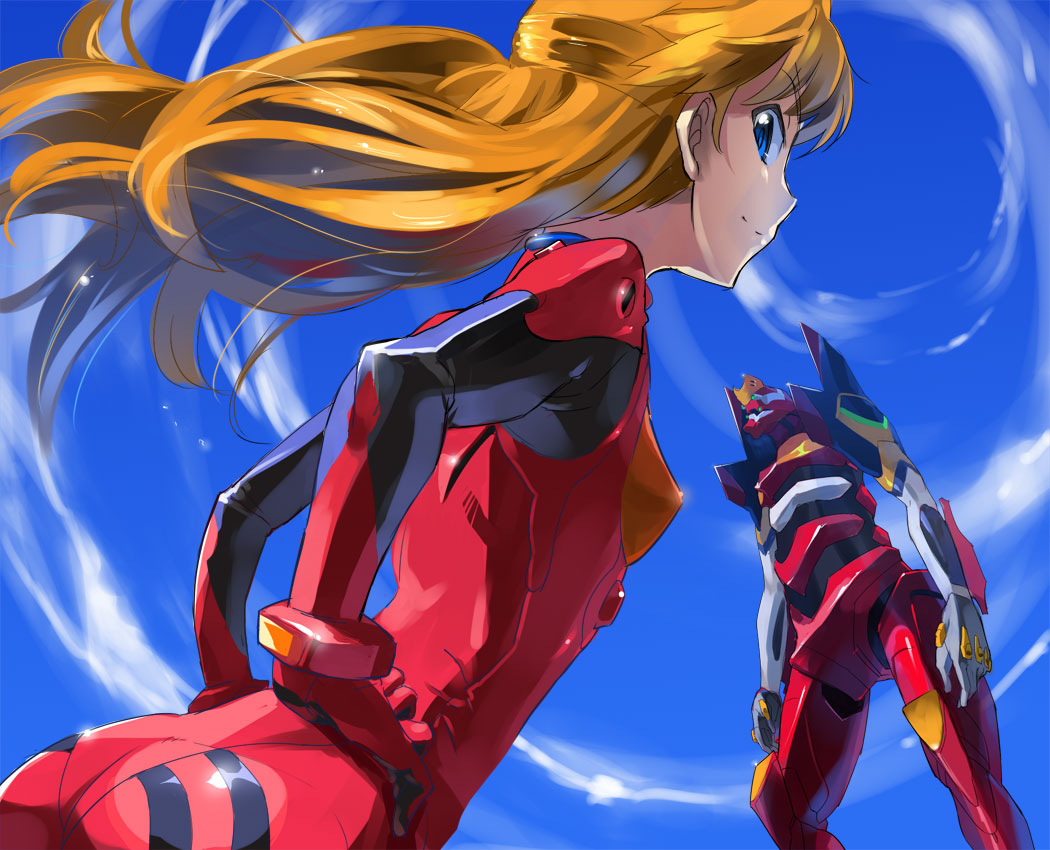andou shuki, eva 02, souryuu asuka langley, evangelion: 2.0 you can (not) advance, neon genesis evangelion, rebuild of evangelion, werk, bad id, bad pixiv id, 00s, 1girl, ass, blue eyes, blue sky, bodysuit, breasts, brown hair, cloud, cowboy shot, day, dutch angle, floating hair, from below, from side, gloves, hair spread out, half updo, hands on own hips, light smile, long hair, looking at viewer, mecha, mecha pilot suit, orange hair, outdoors, plugsuit (evangelion), profile, red hair, robot, shiny clothes, sky, small breasts, smile, turtleneck, very long hair, wide hips