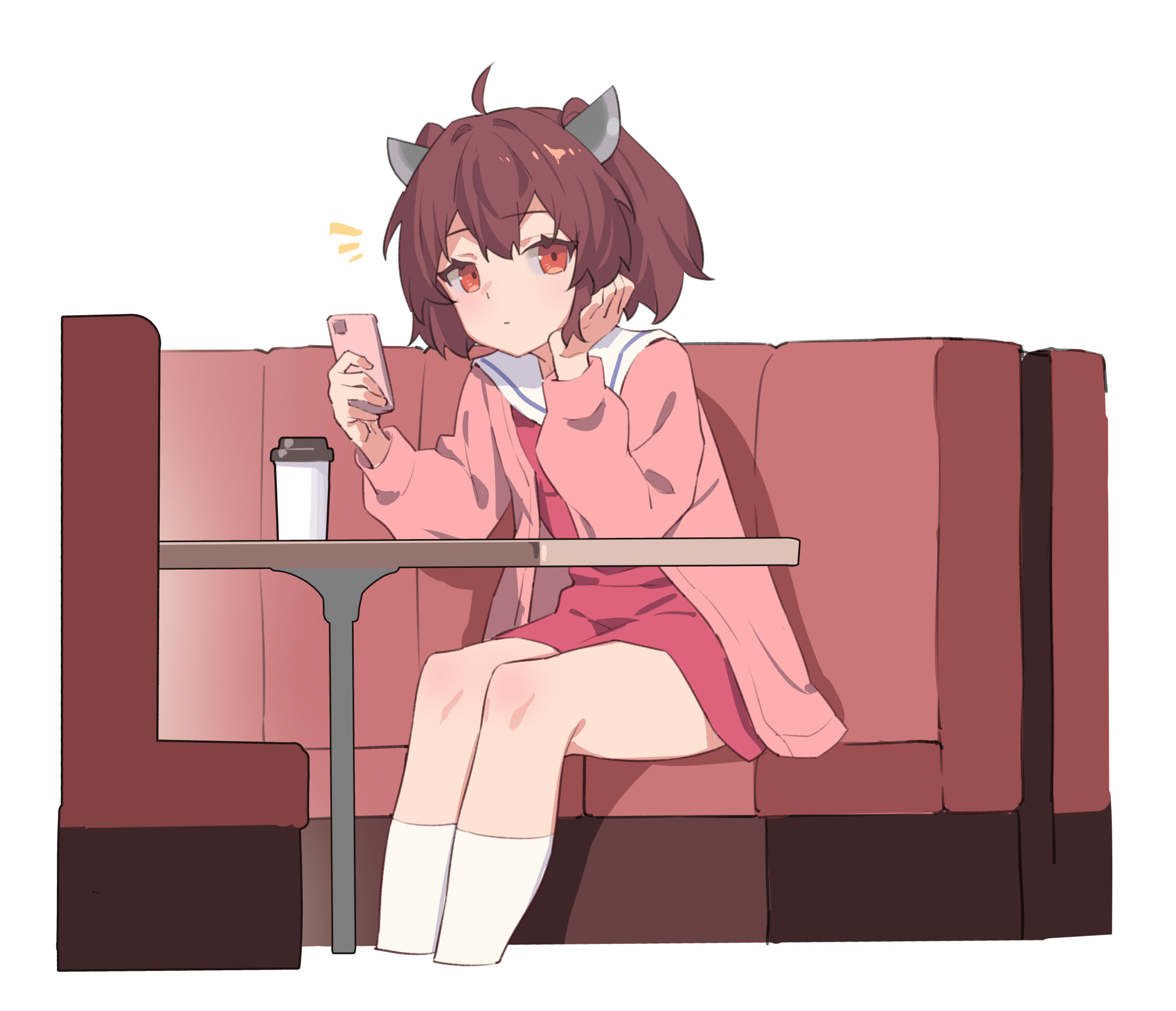yamamomo (plank), touhoku kiritan, voiceroid, highres, 1girl, ahoge, brown hair, cardigan, cellphone, dress, expressionless, flat chest, headgear, looking at viewer, open cardigan, open clothes, phone, pink cardigan, red eyes, sailor dress, short hair, sitting, smartphone, solo