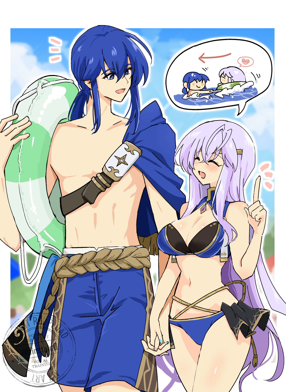 yukia (firstaid0), julia (fire emblem), seliph (fire emblem), fire emblem, fire emblem: genealogy of the holy war, nintendo, highres, 1boy, 1girl, alternate costume, bikini, blue bikini, blue eyes, blue hair, breasts, brother and sister, circlet, cleavage, height difference, holding, holding hands, holding swim ring, innertube, large breasts, long hair, looking at another, male focus, outdoors, ponytail, purple hair, siblings, swim ring, swimming, swimsuit