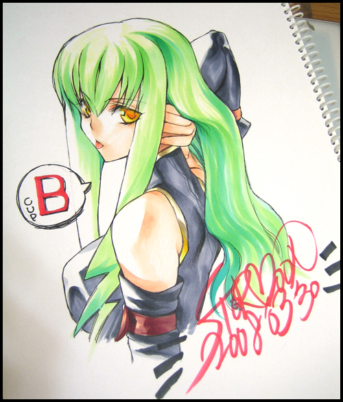 creayus, c.c., code geass, photo (medium), traditional media, 00s, 1girl, breasts, female focus, green hair, large breasts, sketchbook, solo, yellow eyes