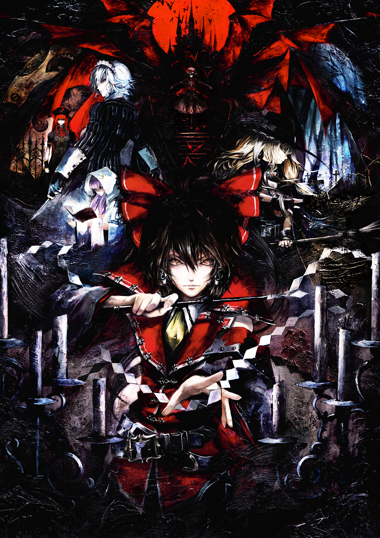 banpai akira, hakurei reimu, hong meiling, izayoi sakuya, kirisame marisa, patchouli knowledge, remilia scarlet, castlevania (series), embodiment of scarlet devil, koumajou densetsu, koumajou densetsu 1, touhou, silver hair, bad id, bad pixiv id, highres, 6+girls, alternate costume, bat (animal), bat wings, blonde hair, book, braid, broom, china dress, chinese clothes, dress, female focus, gohei, hat, hood, long hair, multiple girls, parody, purple hair, red hair, short hair, twin braids, wings, witch, witch hat