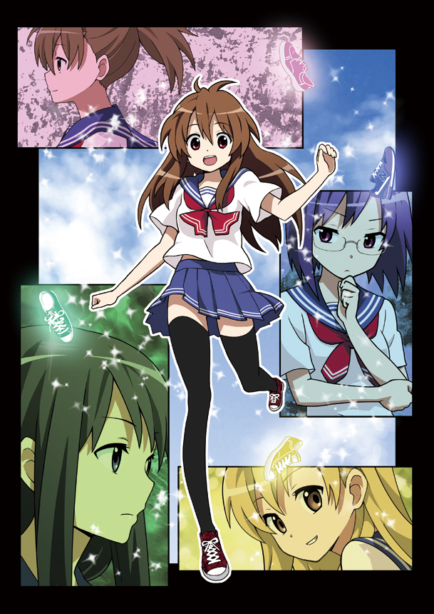 mana (gakuburu), 5girls, blonde hair, blue hair, brown hair, glasses, green hair, long hair, multiple girls, ponytail, school uniform, shoes, short hair, skirt, sneakers, thighhighs