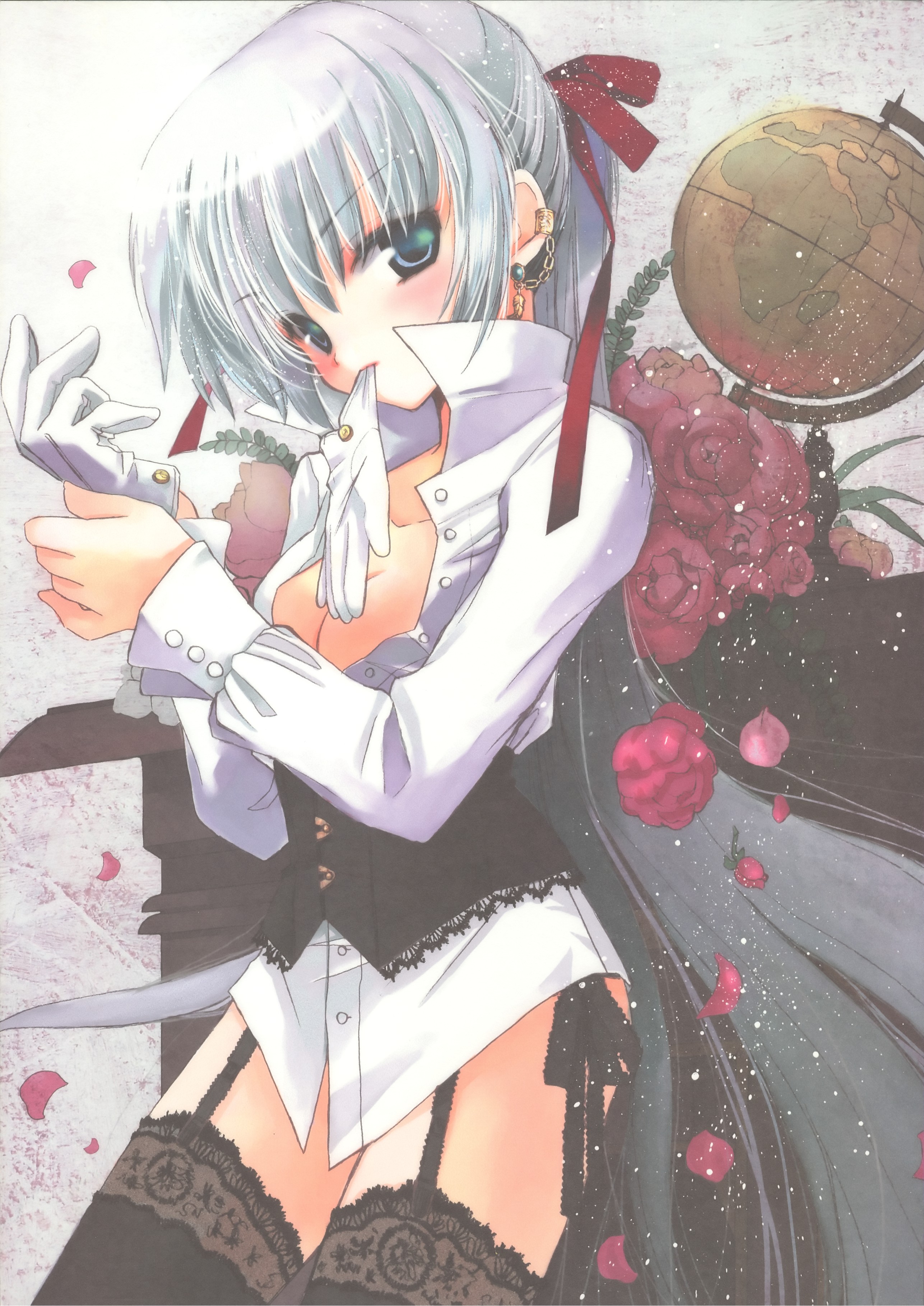 hato rami, silver hair, absurdres, highres, blue eyes, bottomless, dress shirt, flower, garter belt, globe, gloves, long hair, mouth hold, open clothes, open shirt, ponytail, shirt, thighhighs, very long hair