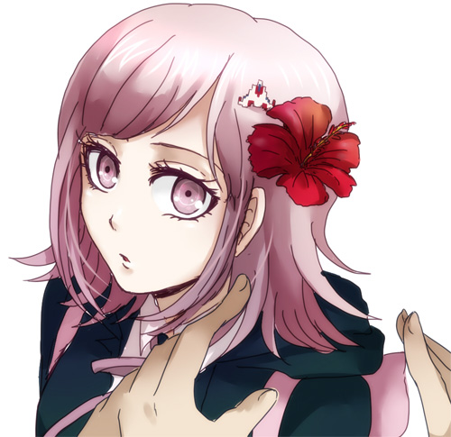 hinata hajime, nanami chiaki, danganronpa (series), danganronpa 2: goodbye despair, commentary request, lowres, 1boy, 1girl, black jacket, collared shirt, flower, hair flower, hair ornament, hood, hood down, hooded jacket, jacket, looking at viewer, medium hair, neck ribbon, pink eyes, pink hair, pink ribbon, red flower, ribbon, saya (piacere sy), shirt, simple background, solo focus, white background, white shirt