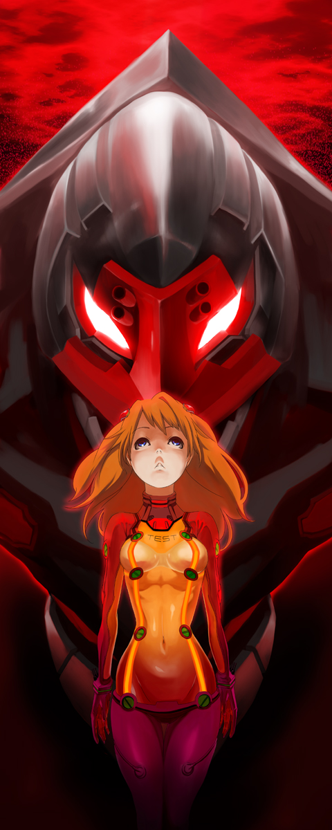 utu (wakon), eva 03, souryuu asuka langley, evangelion: 2.0 you can (not) advance, neon genesis evangelion, rebuild of evangelion, highres, 00s, 1girl, blue eyes, bodysuit, breasts, brown hair, cleavage, female focus, humanoid robot, mecha, mecha pilot suit, multicolored bodysuit, orange hair, plugsuit (evangelion), red theme, robot, see-through cleavage, see-through clothes, short hair, solo, test plugsuit (evangelion), two-tone bodysuit