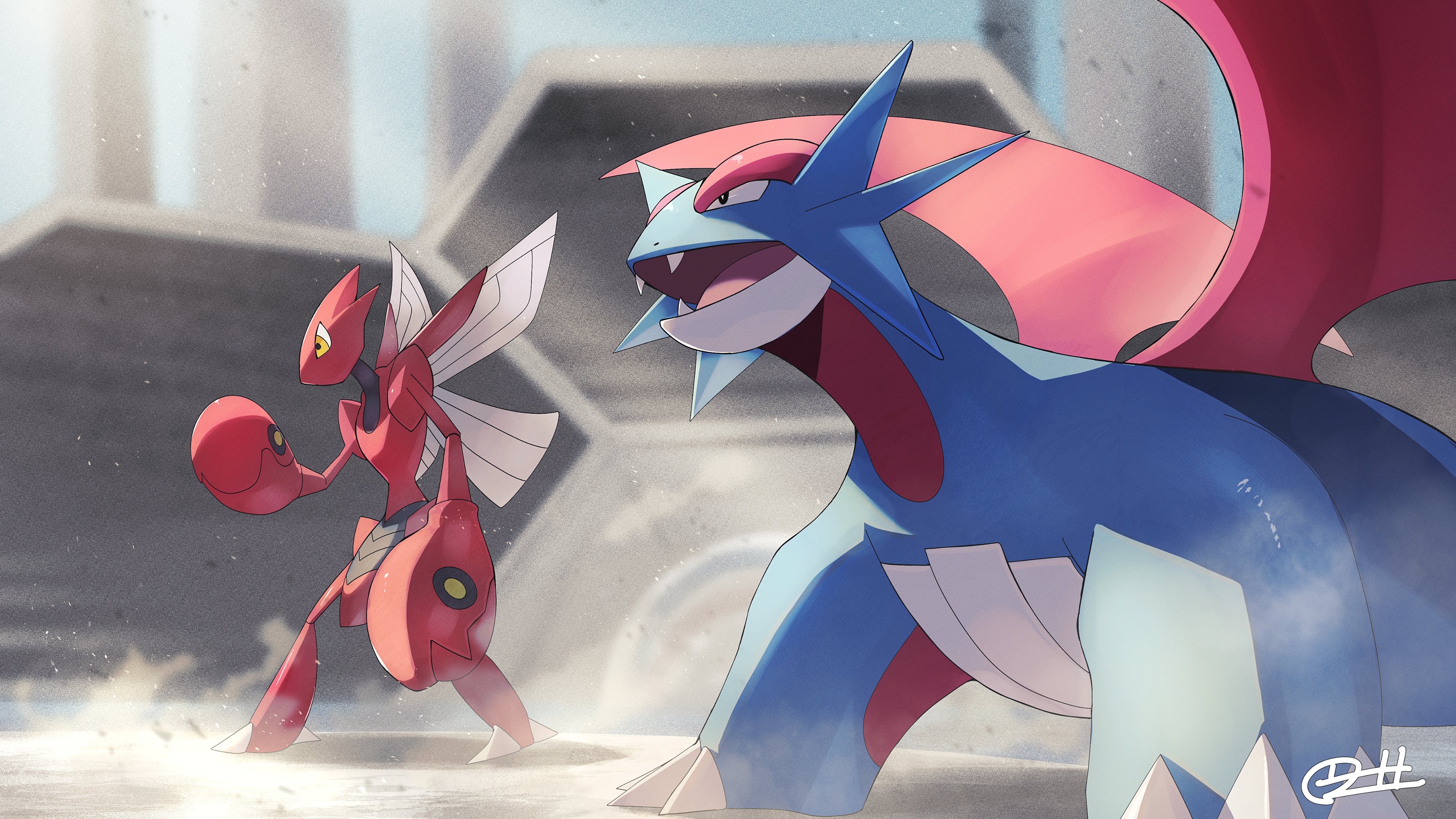 zeroartwo, salamence, scizor, nintendo, pokemon, pokemon colosseum, absurdres, highres, black eyes, blue skin, blurry, blurry background, closed mouth, colored skin, dragon wings, dust, fangs, gen 2 pokemon, gen 3 pokemon, insect wings, open mouth, pokemon (creature), pokemon focus, red skin, standing, wings, yellow eyes