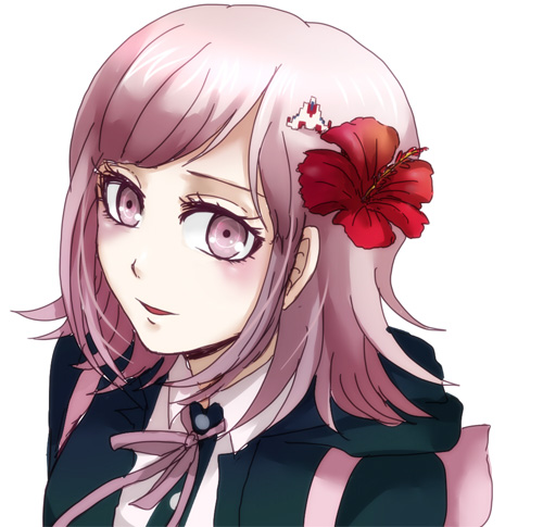 nanami chiaki, danganronpa (series), danganronpa 2: goodbye despair, lowres, 1girl, :d, black jacket, blush, collared shirt, flower, hair flower, hair ornament, hood, hood down, hooded jacket, jacket, looking at viewer, medium hair, neck ribbon, open mouth, pink eyes, pink hair, pink ribbon, red flower, ribbon, saya (piacere sy), shirt, simple background, smile, solo, white background, white shirt