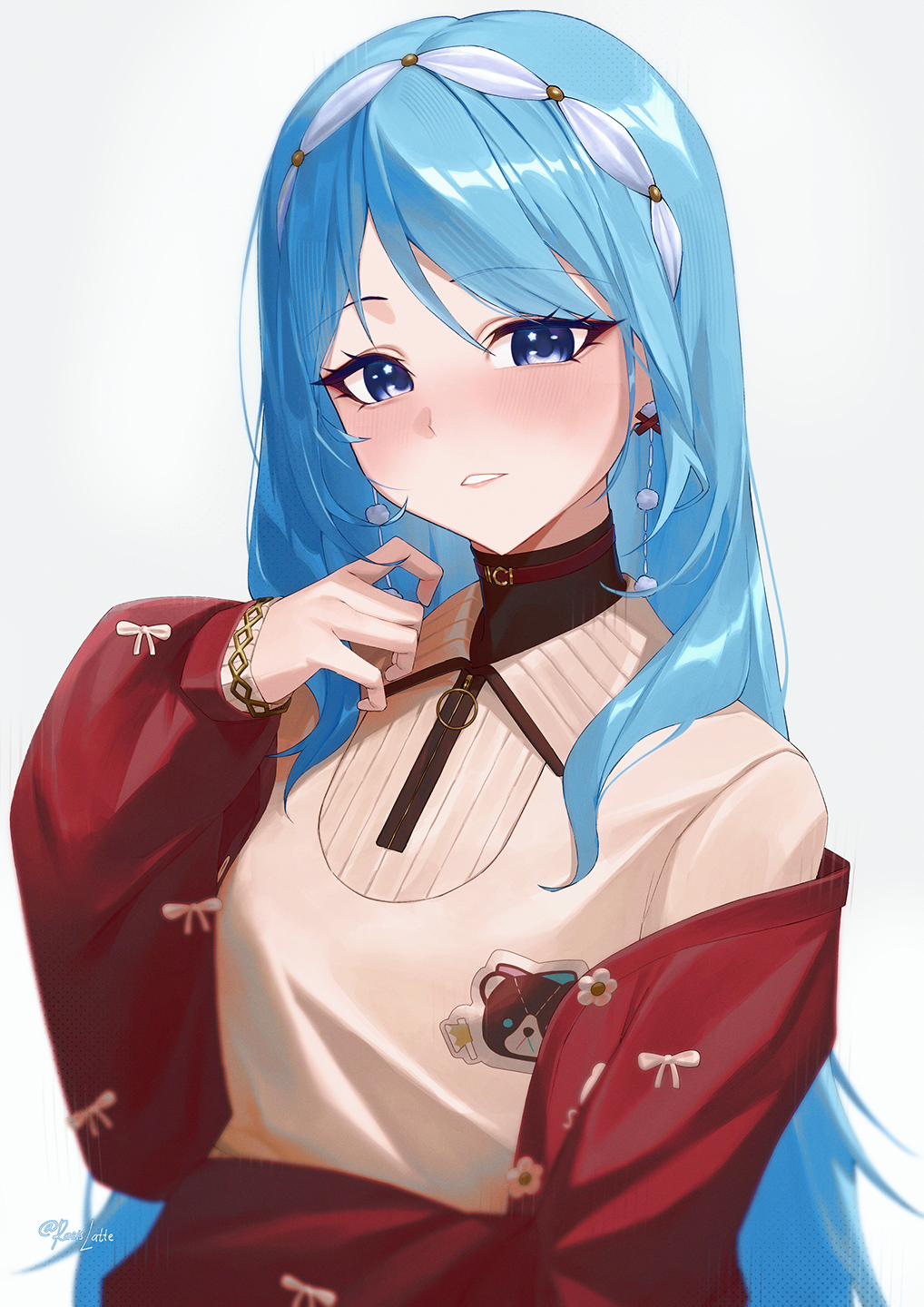 raeis, hoshimachi suisei, hoshimachi suisei (micomet), hololive, commentary, highres, 1girl, black shirt, blue eyes, blue hair, bracelet, brown sweater, cardigan, earrings, hairband, hand up, jewelry, long hair, looking at viewer, off shoulder, official alternate costume, official alternate hairstyle, parted lips, pom pom (clothes), pom pom earrings, quarter-zip, red cardigan, shirt, simple background, solo, star (symbol), star in eye, sweater, swept bangs, symbol in eye, upper body, very long hair, virtual youtuber, white background, white hairband