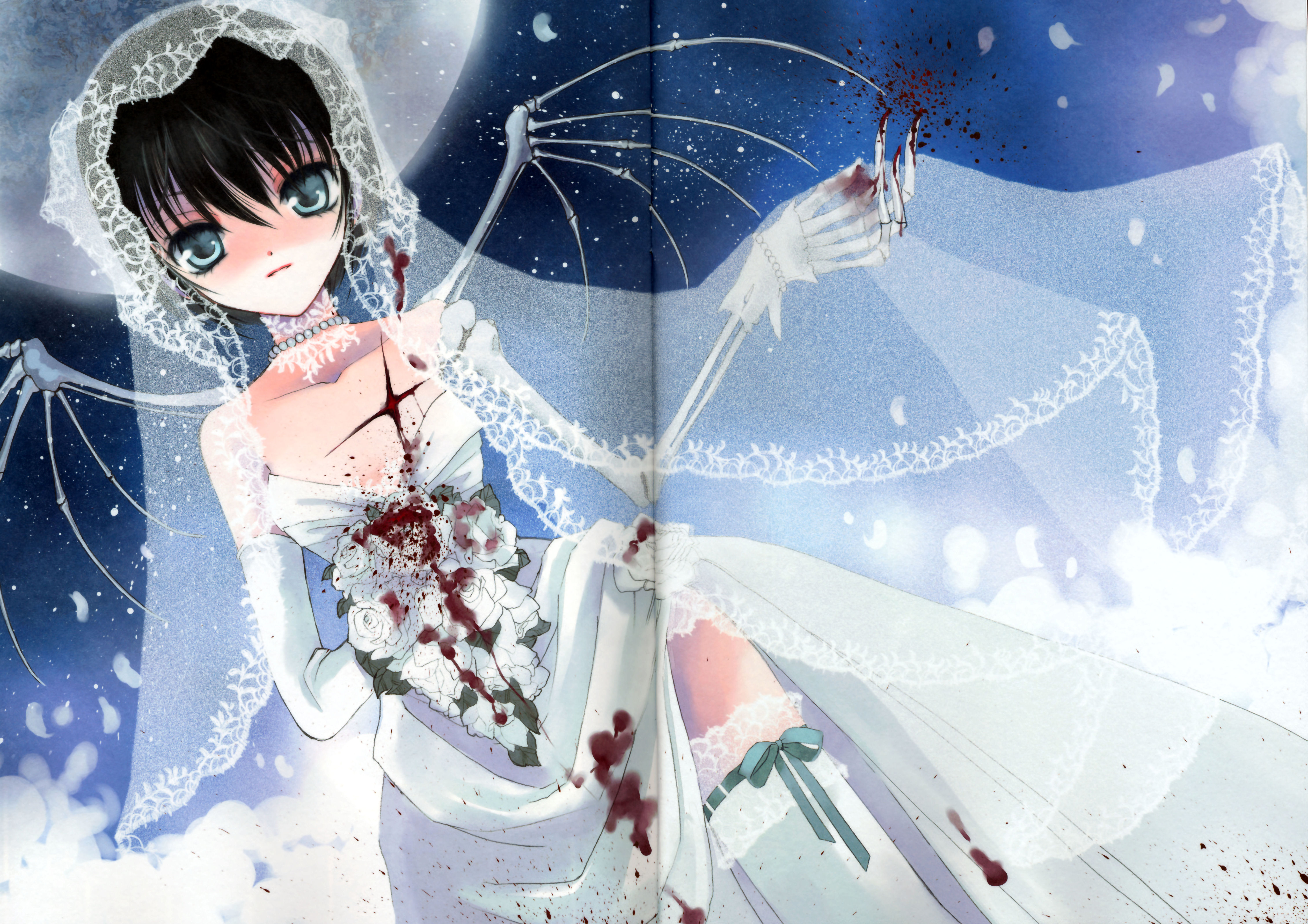 hato rami, absurdres, highres, black hair, blood, blue eyes, bride, dress, moon, solo, wedding dress, wings
