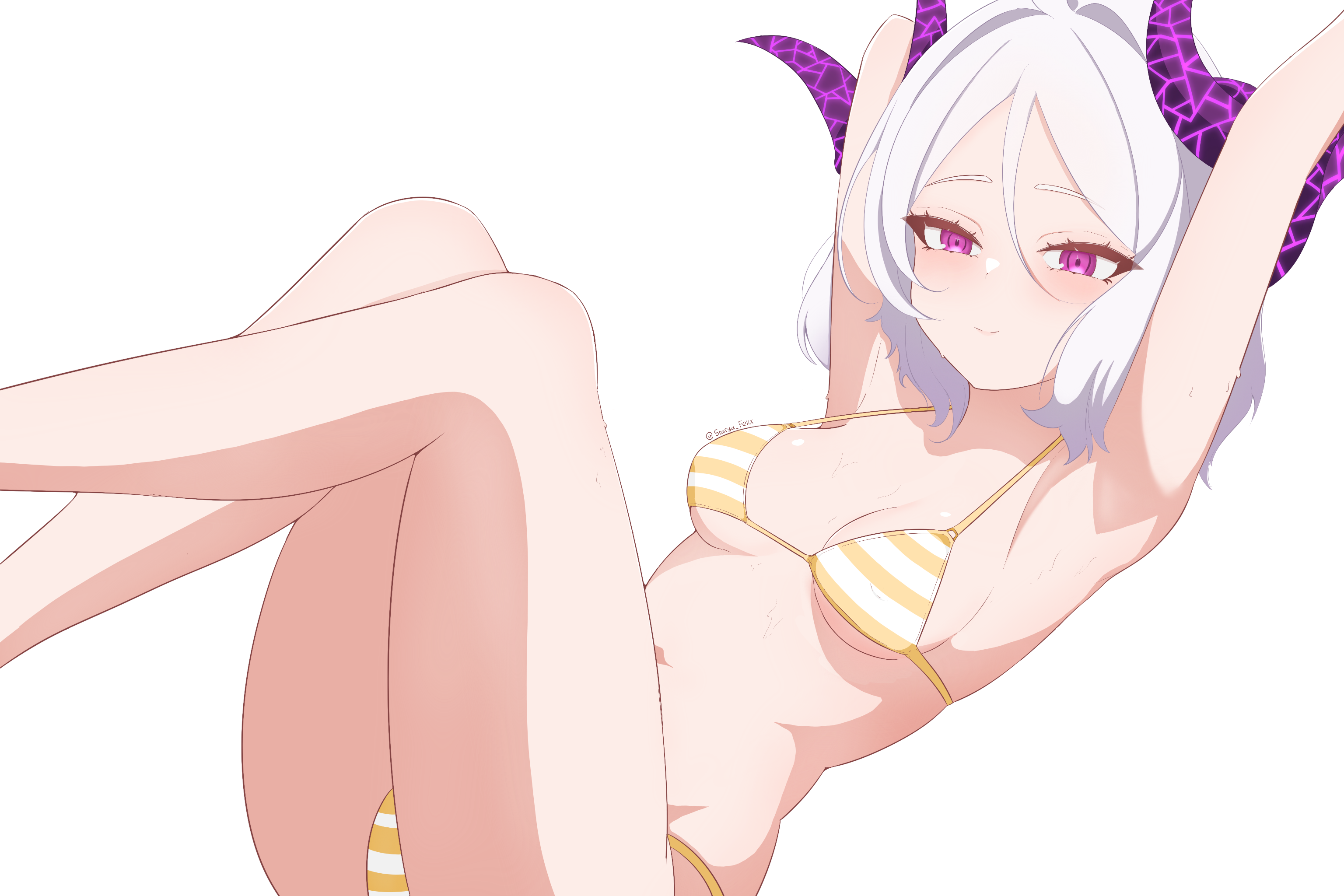 stasyafelix, hina (blue archive), blue archive, highres, 1girl, armpits, bikini, breasts, demon girl, demon horns, horns, looking at viewer, medium hair, navel, purple eyes, simple background, small breasts, solo, swimsuit, white background, white hair