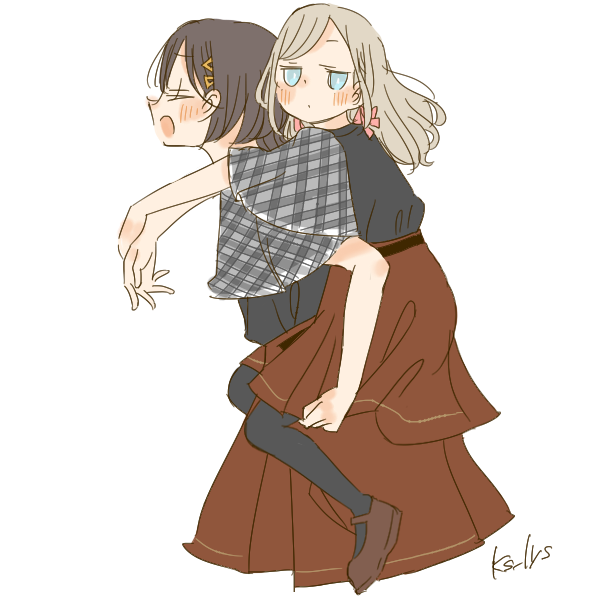 kase (ks lys), ceras yanagida lilienfeld, katsuragi izumi, link! like! love live!, love live!, commentary request, 2girls, 5th live tour ~4pair power spread!!!!~, :d, black hair, black pantyhose, black shirt, blue eyes, brown skirt, carrying, closed eyes, closed mouth, edel note, from side, gingham sleeves, grey hair, grey sleeves, hair ornament, hair ribbon, hasu no sora school uniform, jellyfish cut, jitome, long hair, looking at viewer, medium skirt, multiple girls, open mouth, pantyhose, piggyback, pink ribbon, profile, ribbon, school uniform, shirt, signature, simple background, skirt, smile, triangle hair ornament, twitter username, virtual youtuber, white background, winter uniform