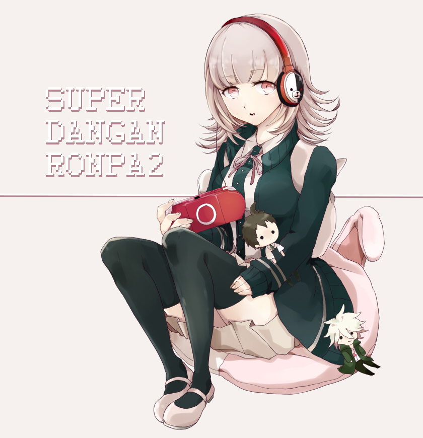 mate@juken, hinata hajime, komaeda nagito, monokuma, nanami chiaki, danganronpa (series), danganronpa 2: goodbye despair, 1girl, :o, black jacket, breasts, brown hair, character doll, collared shirt, convenient skirt, copyright name, doll, flipped hair, hair ornament, hood, jacket, large breasts, long sleeves, looking at viewer, medium hair, neck ribbon, open clothes, open jacket, pink eyes, pink ribbon, pink shoes, ribbon, shirt, shoes, skirt, solo, teeth, thighhighs, upper teeth only, white shirt