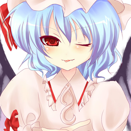 rikubonku, remilia scarlet, touhou, lowres, 1girl, blue hair, blush, female focus, hat, red eyes, ribbon, short hair, solo, upper body, white background, wings