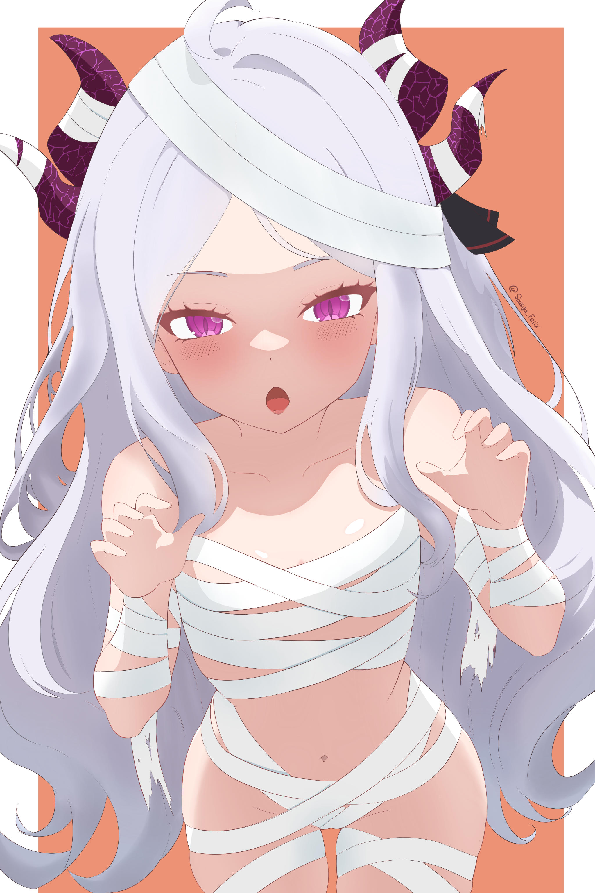 stasyafelix, hina (blue archive), blue archive, absurdres, highres, 1girl, ahoge, breasts, demon girl, demon horns, gao, halloween, horns, long hair, looking at viewer, navel, open mouth, purple eyes, small breasts, solo, standing, very long hair, white hair