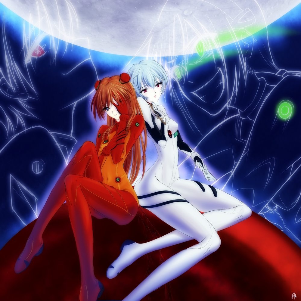 itou aruma (shirimetsuretsu), ayanami rei, makinami mari illustrious, nagisa kaworu, souryuu asuka langley, evangelion: 2.0 you can (not) advance, neon genesis evangelion, rebuild of evangelion, spoilers, 00s, 2girls, blue eyes, blue hair, bodysuit, breasts, brown hair, cleavage, glasses, green eyes, injury, lineart, long hair, mecha pilot suit, moon, multiple girls, pale skin, plugsuit (evangelion), red eyes, see-through cleavage, see-through clothes, short hair, sitting, test plugsuit (evangelion)