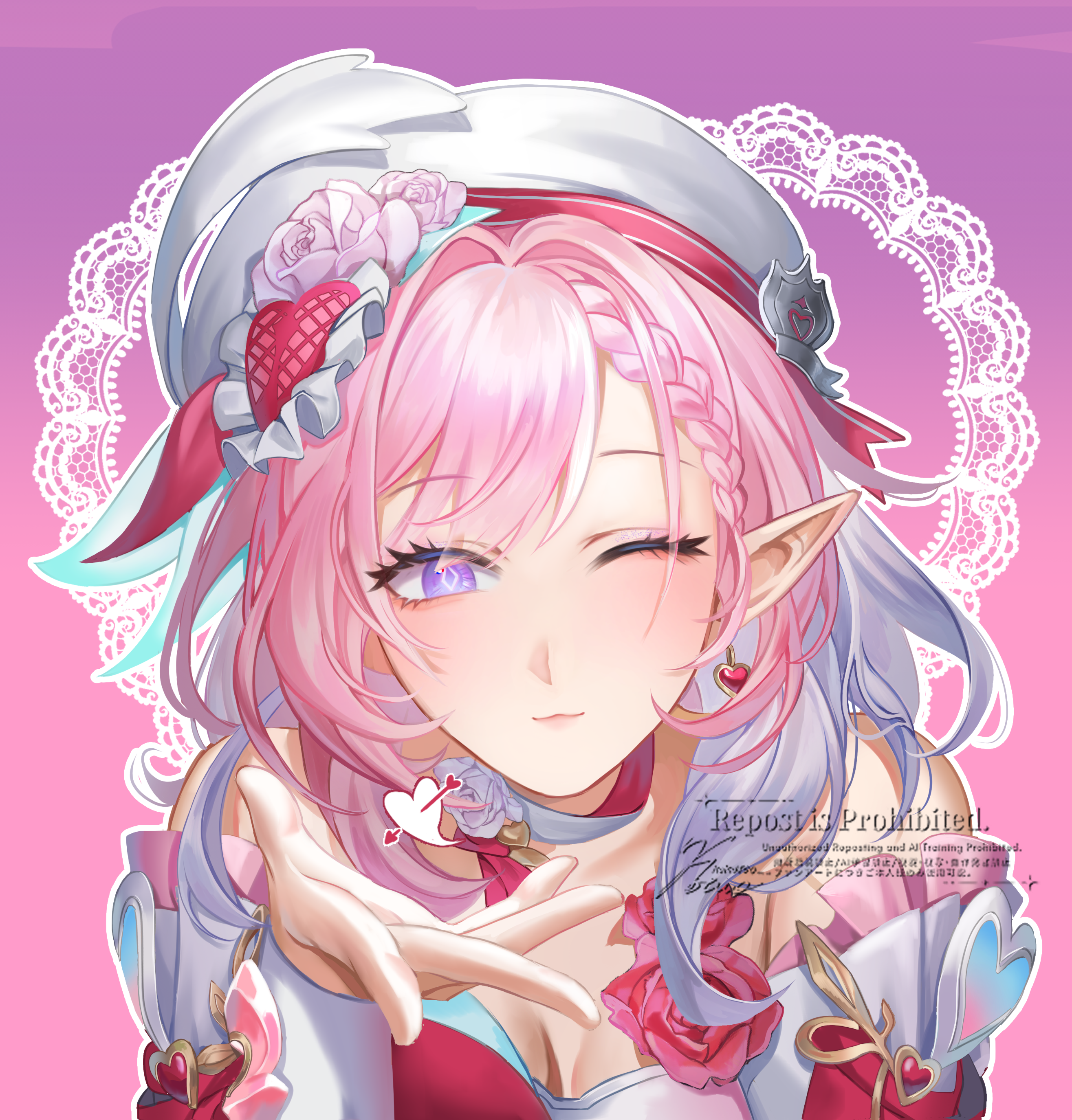 kokotuo, elysia (hi love elf) (honkai impact), elysia (honkai impact), honkai (series), honkai impact 3rd, absurdres, commentary, english commentary, highres, merchandise available, 1girl, bare shoulders, beret, braid, braided bangs, closed mouth, diamond-shaped pupils, diamond (shape), earrings, hair intakes, hand up, hat, heart, heart earrings, jewelry, looking at viewer, one eye closed, pointy ears, portrait, purple eyes, smile, solo, symbol-shaped pupils, watermark, white hat