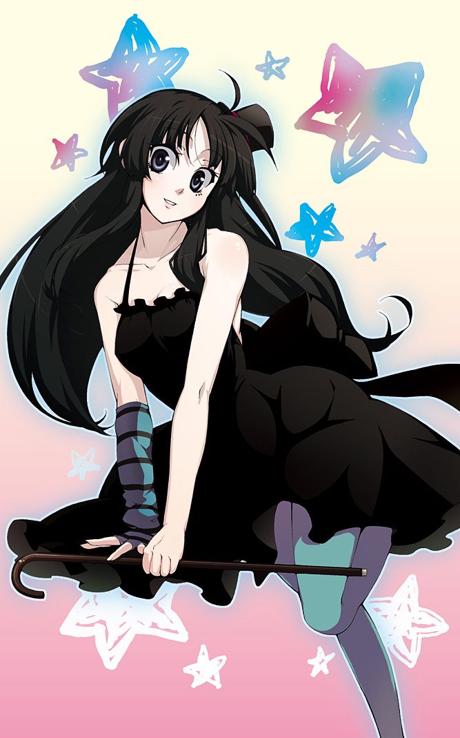 kabayaki unagi, akiyama mio, don't say "lazy", k-on!, striped, bad id, bad pixiv id, 00s, 1girl, aqua pantyhose, black eyes, black hair, blue pantyhose, cane, dress, female focus, gloves, hat, long hair, mini hat, mini top hat, pantyhose, solo, star (symbol), top hat