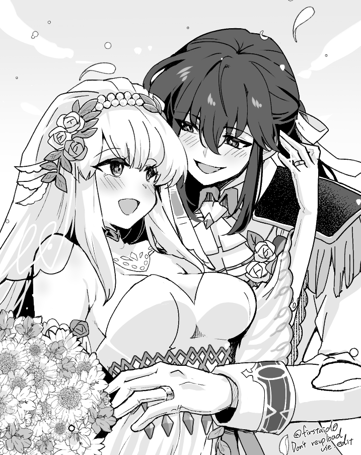 yukia (firstaid0), julia (bride) (fire emblem), julia (fire emblem), seliph (fire emblem), seliph (light's legacy) (fire emblem), fire emblem, fire emblem: genealogy of the holy war, fire emblem heroes, nintendo, 1boy, 1girl, blush, bouquet, breasts, bride, brother and sister, cleavage, dress, flower, groom, hair flower, hair ornament, holding, holding bouquet, implied incest, jewelry, long hair, looking at another, male focus, medium breasts, monochrome, official alternate costume, open mouth, ring, siblings, simple background, smile, wedding, wedding dress
