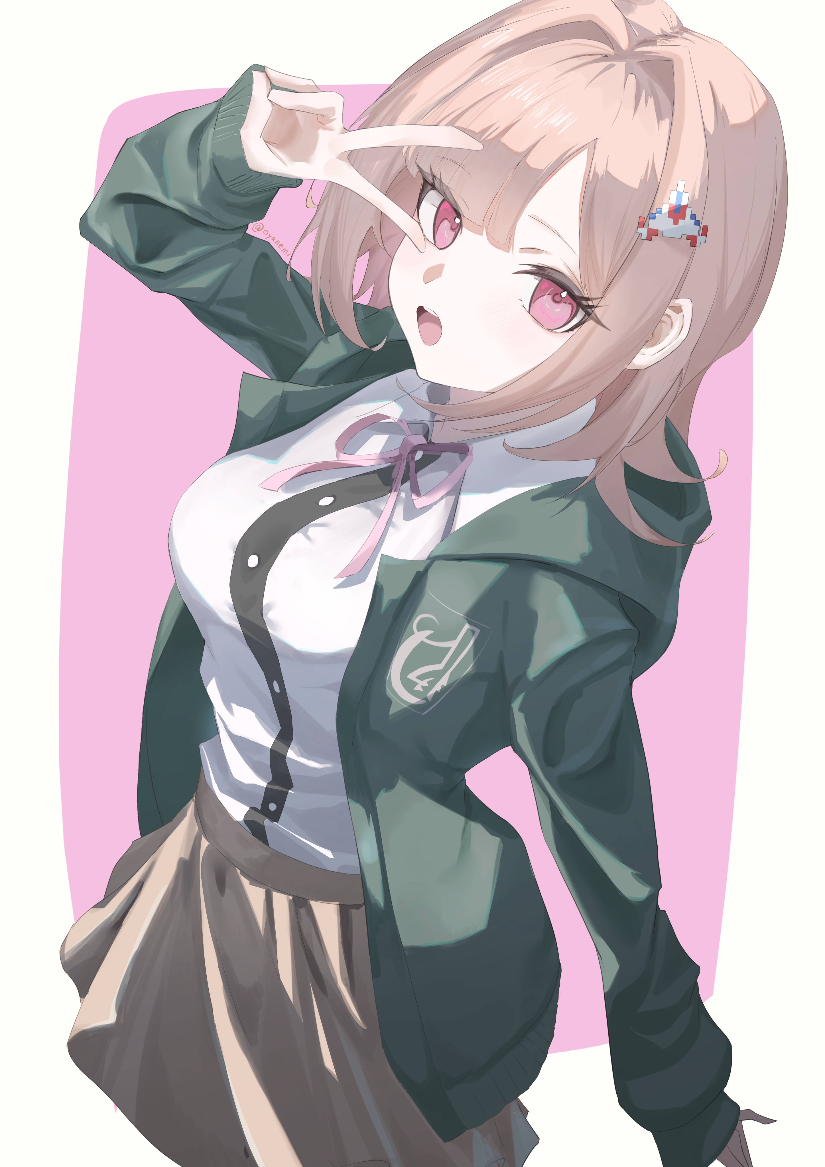 nanami chiaki, danganronpa (series), danganronpa 2: goodbye despair, absurdres, highres, 1girl, :o, breasts, brown hair, brown skirt, collared shirt, flipped hair, hair ornament, hood, jacket, large breasts, long sleeves, looking at viewer, medium hair, neck ribbon, open clothes, open jacket, oyanemi, pink background, pink eyes, pink ribbon, pleated skirt, ribbon, shirt, skirt, solo, teeth, two-tone shirt, upper teeth only, v, v over eye, white background, white shirt