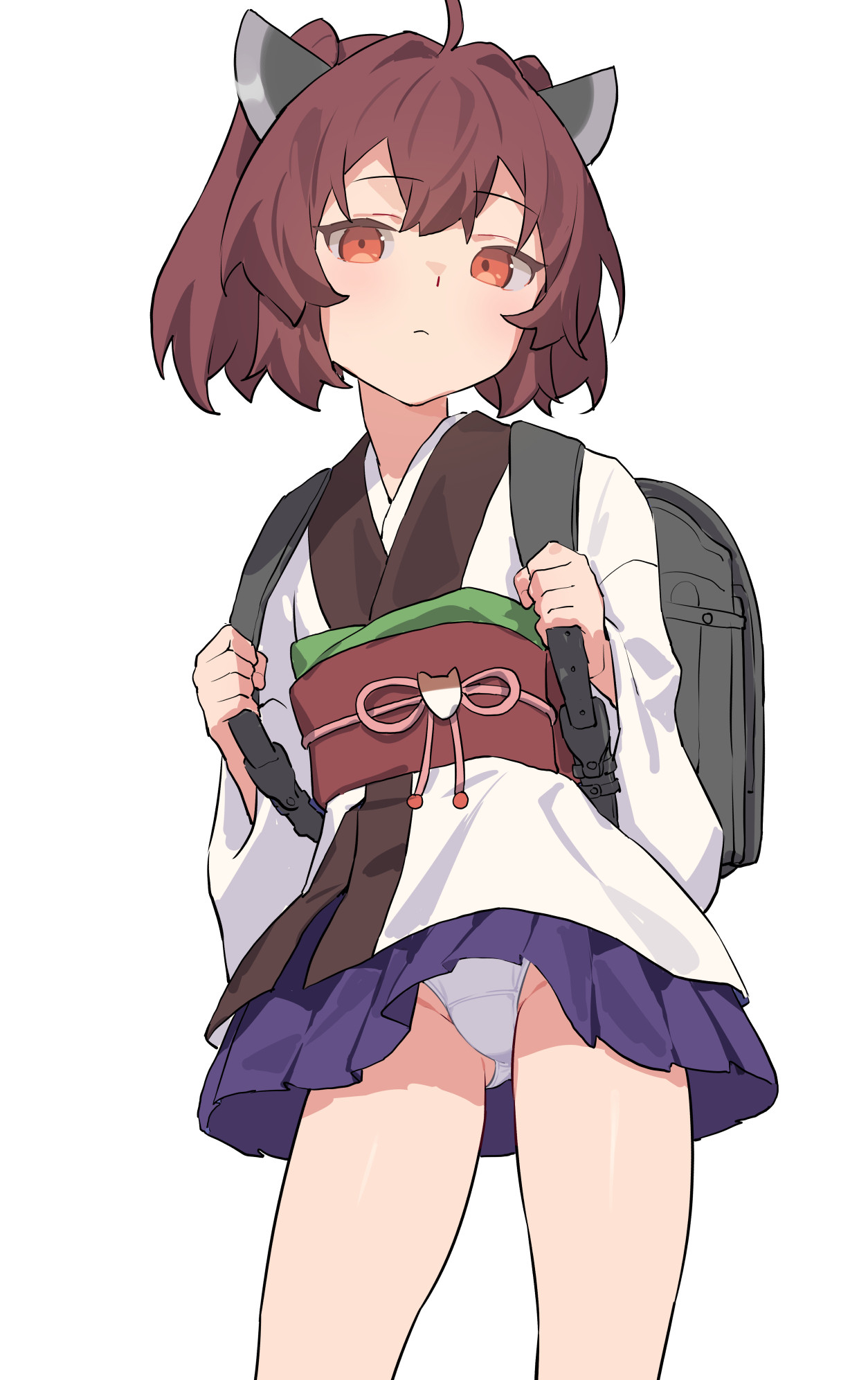 yamamomo (plank), touhoku kiritan, voiceroid, highres, 1girl, ahoge, backpack, bag, brown hair, expressionless, headgear, japanese clothes, kimono, looking at viewer, panties, pantyshot, randoseru, red eyes, short hair, short kimono, skirt, solo, underwear, white panties