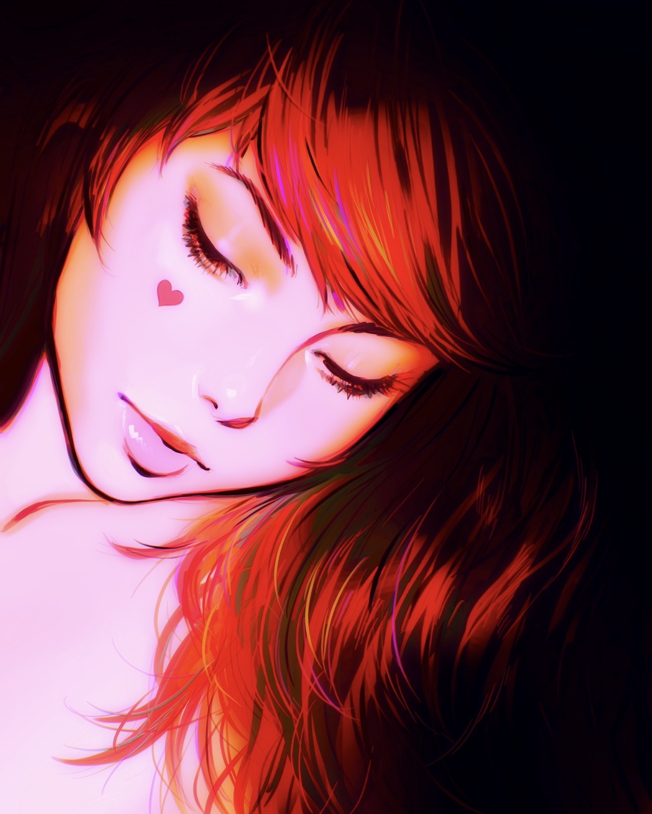 ilya kuvshinov, original, highres, 1girl, closed eyes, dark background, facial mark, head tilt, heart, heart facial mark, lips, long hair, portrait, red hair