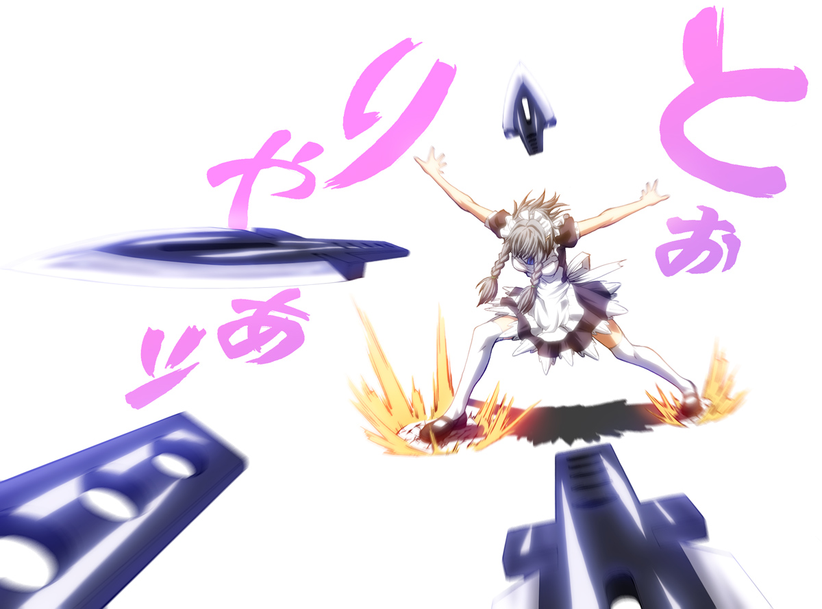 imizu (nitro unknown), izayoi sakuya, touhou, silver hair, bad id, bad pixiv id, 1girl, braid, female focus, knife, maid headdress, short hair, simple background, solo, thighhighs, throwing, twin braids