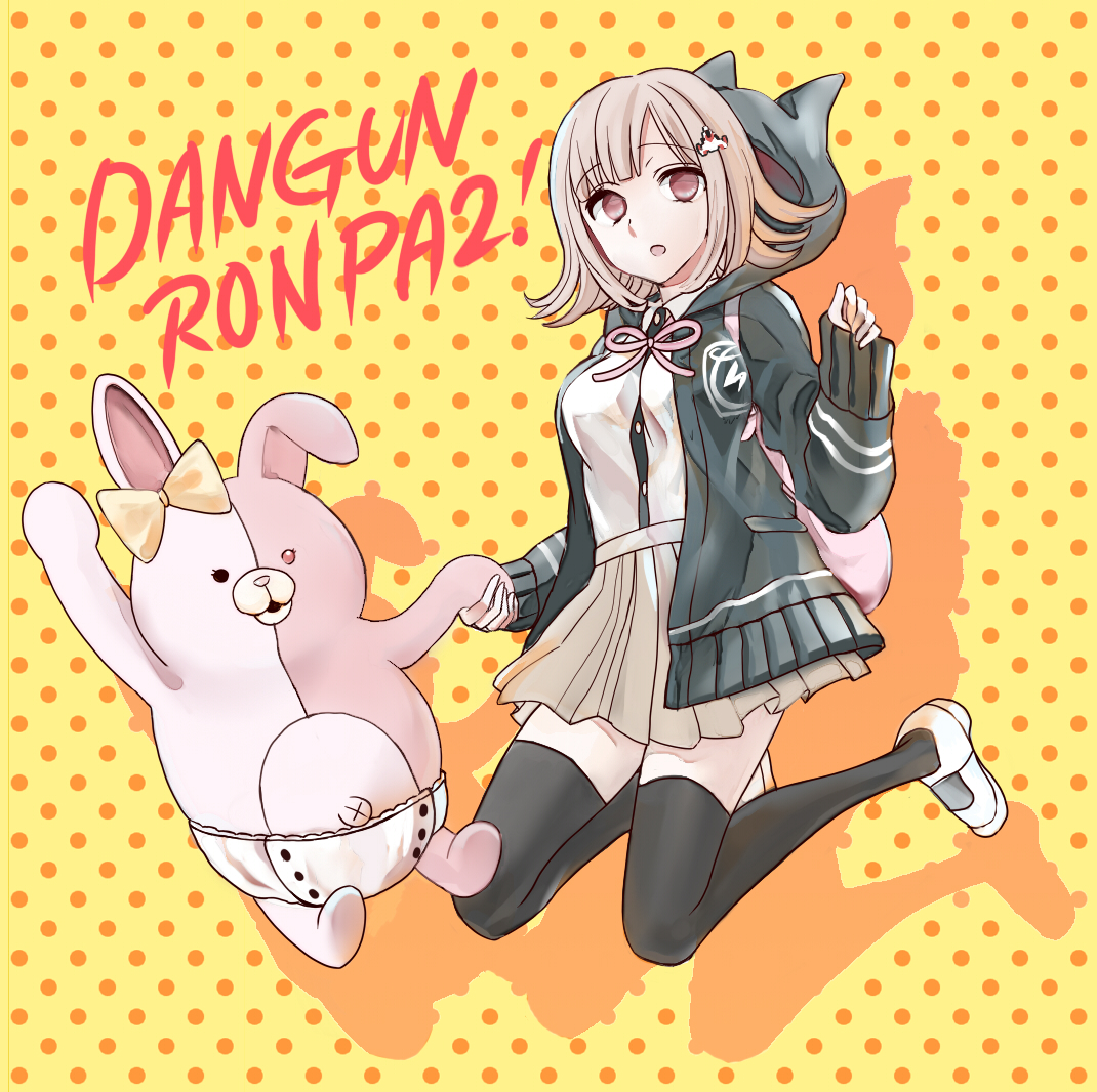 sawai fuyu, monomi (danganronpa), nanami chiaki, danganronpa (series), danganronpa 2: goodbye despair, 1girl, :o, black thighhighs, bow, breasts, brown hair, brown skirt, collared shirt, diaper, ear bow, flipped hair, hair ornament, hood, jacket, long sleeves, looking at viewer, medium hair, neck ribbon, open clothes, open jacket, pink bag, pink eyes, pink ribbon, ribbon, shirt, shirt tucked in, skirt, thighhighs, two-tone shirt, white shirt, zettai ryouiki