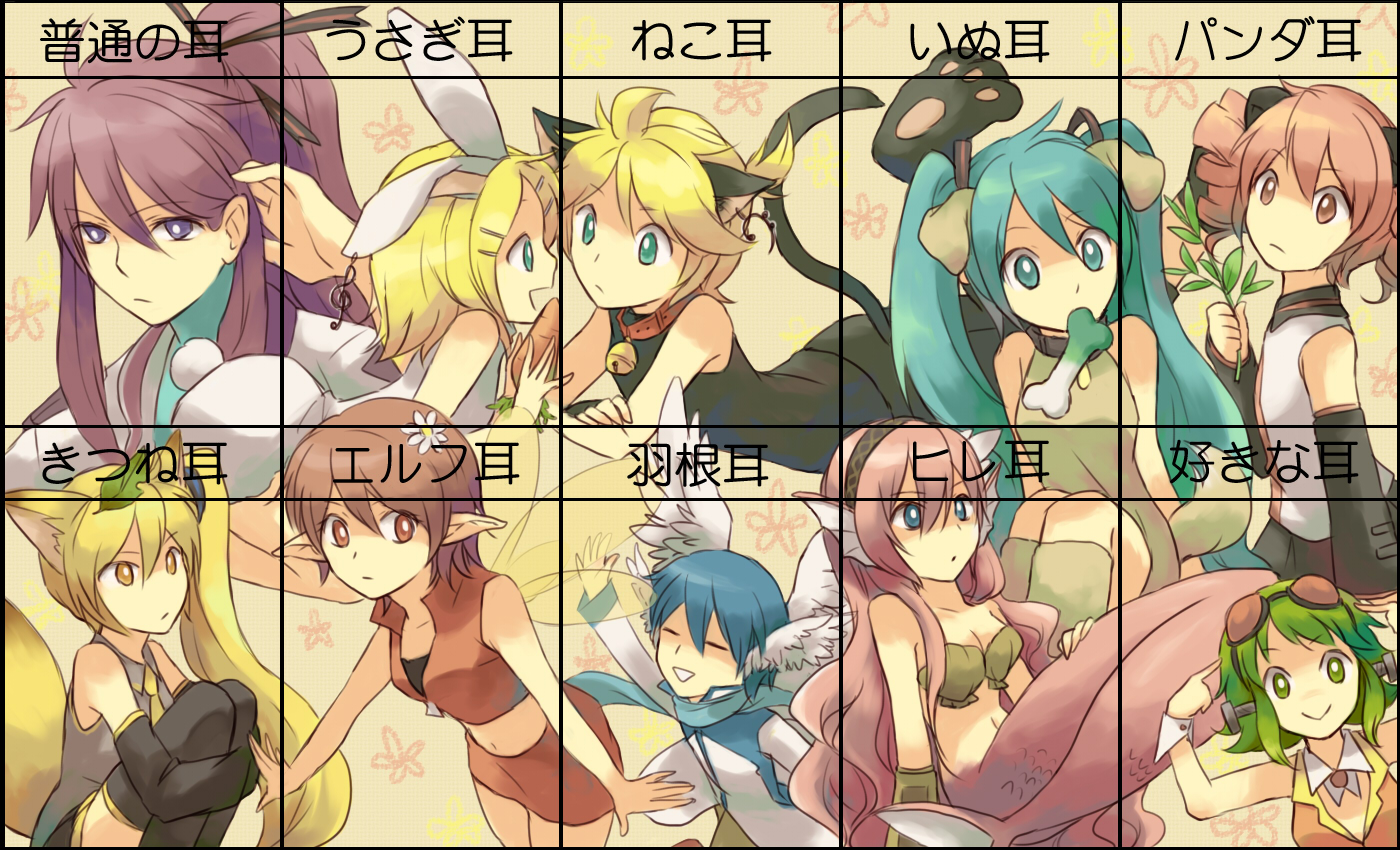 bin (pixiv), hana (mew), akita neru, frankenstein's monster, gumi, hatsune miku, kagamine len, kagamine rin, kaito (vocaloid), kamui gakupo, kasane teto, megurine luka, meiko (vocaloid), frankenstein, utau, vocaloid, bad id, bad pixiv id, translated, 3boys, 6+girls, animal ears, aqua eyes, aqua hair, arthropod girl, bikini, blonde hair, blue eyes, blue hair, bolt (hardware), brown eyes, brown hair, carrot, cat ears, cat tail, chart, crossover, detached sleeves, dog ears, drill hair, ear chart, everyone, family, fins, fox ears, green eyes, green hair, hair ornament, hairclip, head fins, head wings, hugging own legs, long hair, mermaid, midriff, monster girl, mouth hold, multiple boys, multiple girls, necktie, panda ears, pink hair, pointy ears, ponytail, purple hair, rabbit ears, shell, shell bikini, short hair, siblings, side ponytail, skirt, smile, spring onion, tail, thighhighs, twins, twintails, very long hair, wings, zettai ryouiki
