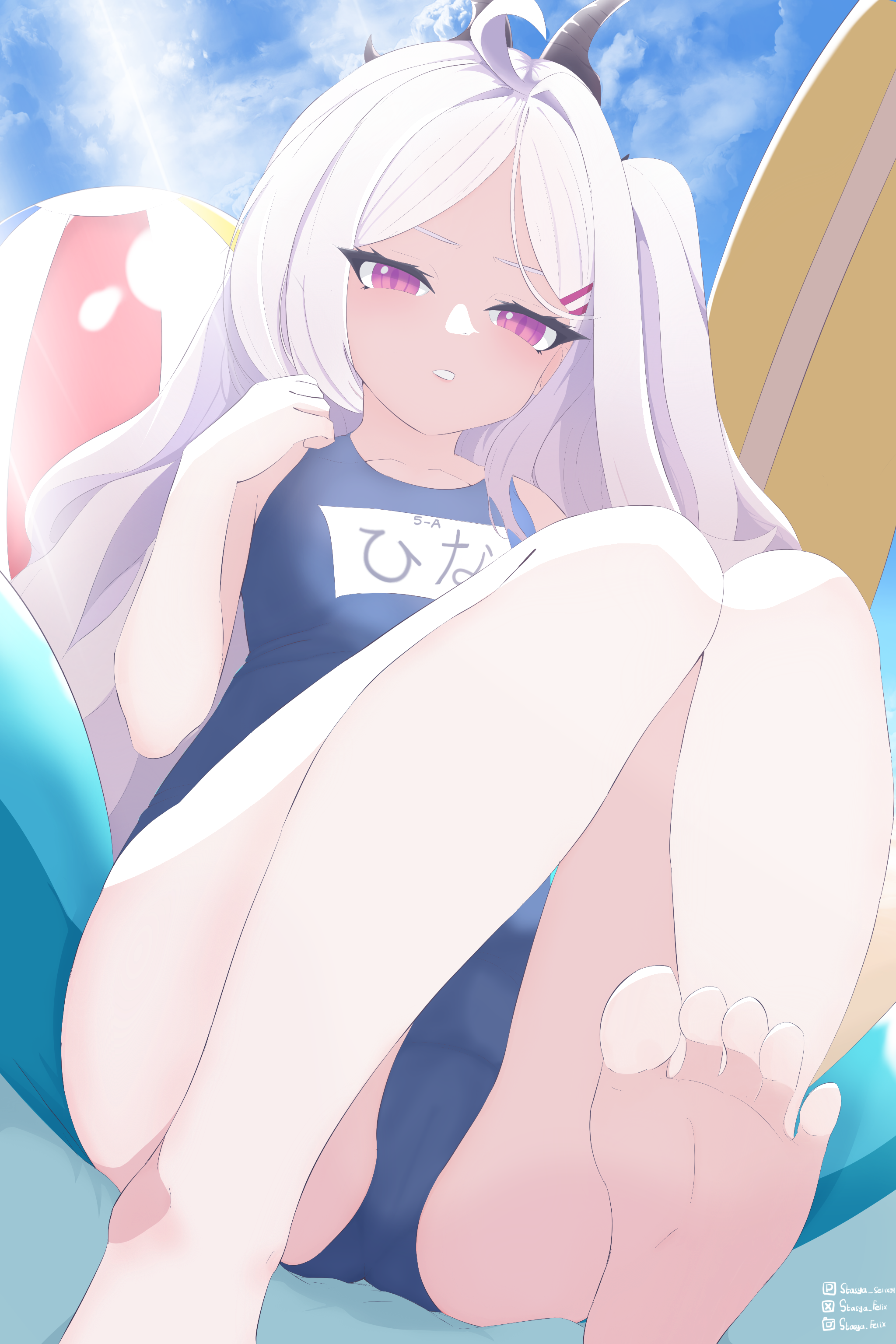 stasyafelix, hina (blue archive), hina (swimsuit) (blue archive), blue archive, absurdres, highres, 1girl, ahoge, barefoot, blue sky, blush, breasts, demon girl, demon horns, horns, long hair, looking at viewer, ocean, old school swimsuit, outdoors, purple eyes, school swimsuit, sky, small breasts, solo, swimsuit, very long hair, white hair