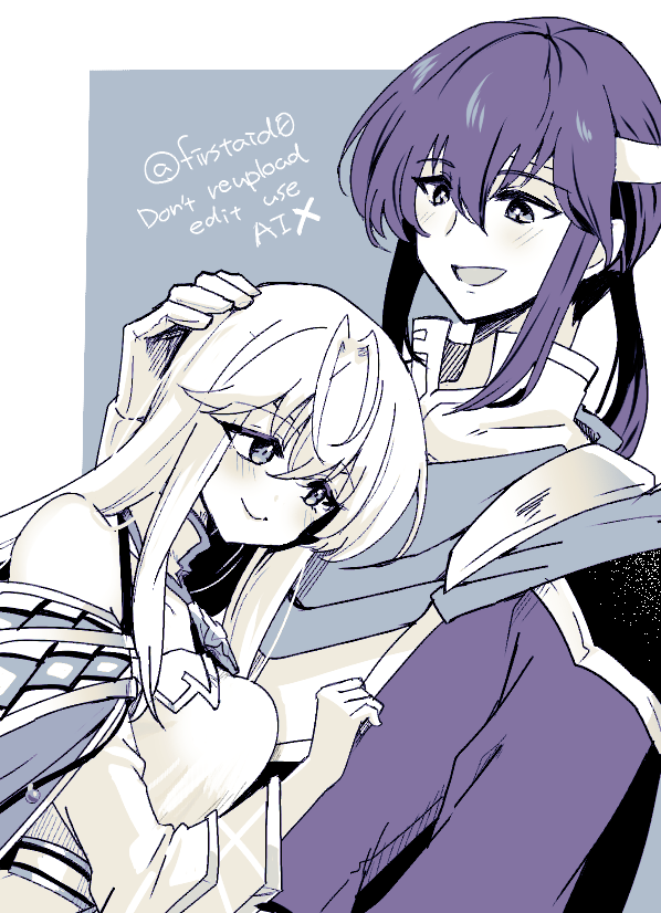 yukia (firstaid0), julia (fire emblem), seliph (fire emblem), fire emblem, fire emblem: genealogy of the holy war, nintendo, 1boy, 1girl, bare shoulders, breast press, breasts, brother and sister, dress, gloves, hand on another's head, headband, height difference, hug, long hair, male focus, medium breasts, partially colored, siblings, white gloves, white headband