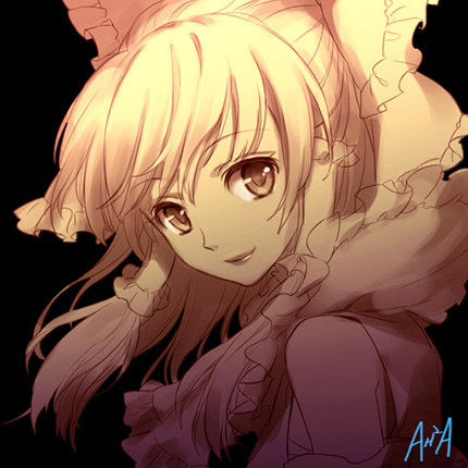 an2a, hakurei reimu, touhou, duplicate, lowres, 1girl, bow, female focus, hair bow, hair tubes, head tilt, lipstick, makeup, monochrome, ribbon, sepia, smile, solo