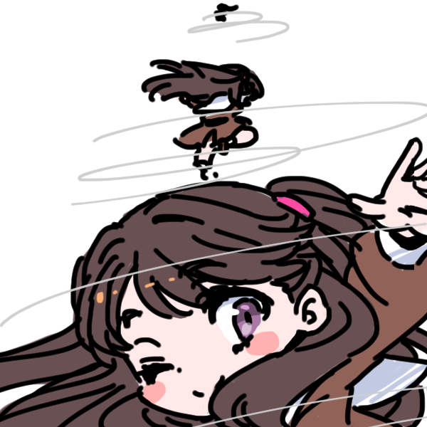 shinanoya (satanicad), fujishima megumi, link! like! love live!, love live!, commentary, english commentary, mixed-language commentary, 1girl, ;), blush stickers, brown dress, brown hair, chibi, closed mouth, dress, hasu no sora school uniform, long hair, long sleeves, looking at viewer, medium dress, one eye closed, outstretched arms, pleated dress, purple eyes, sailor collar, sailor dress, school uniform, simple background, smile, spinning, split mouth, spread arms, two side up, virtual youtuber, white background, white sailor collar, winter uniform