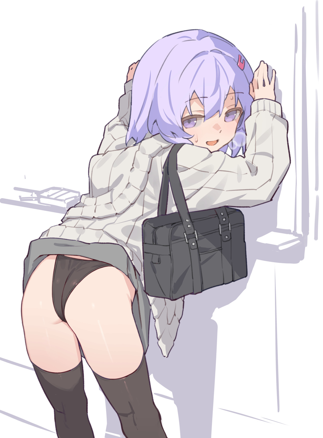 yamamomo (plank), yuzuki yukari, yuzuki yukari (shizuku), a.i. voice, voiceroid, highres, 1girl, ass, black panties, black thighhighs, blush, cardigan, clothes lift, grey cardigan, grey skirt, heavy breathing, highleg, highleg panties, leaning forward, looking at viewer, looking back, open cardigan, open clothes, panties, purple eyes, purple hair, short hair, skirt, skirt lift, solo, thighhighs, underwear