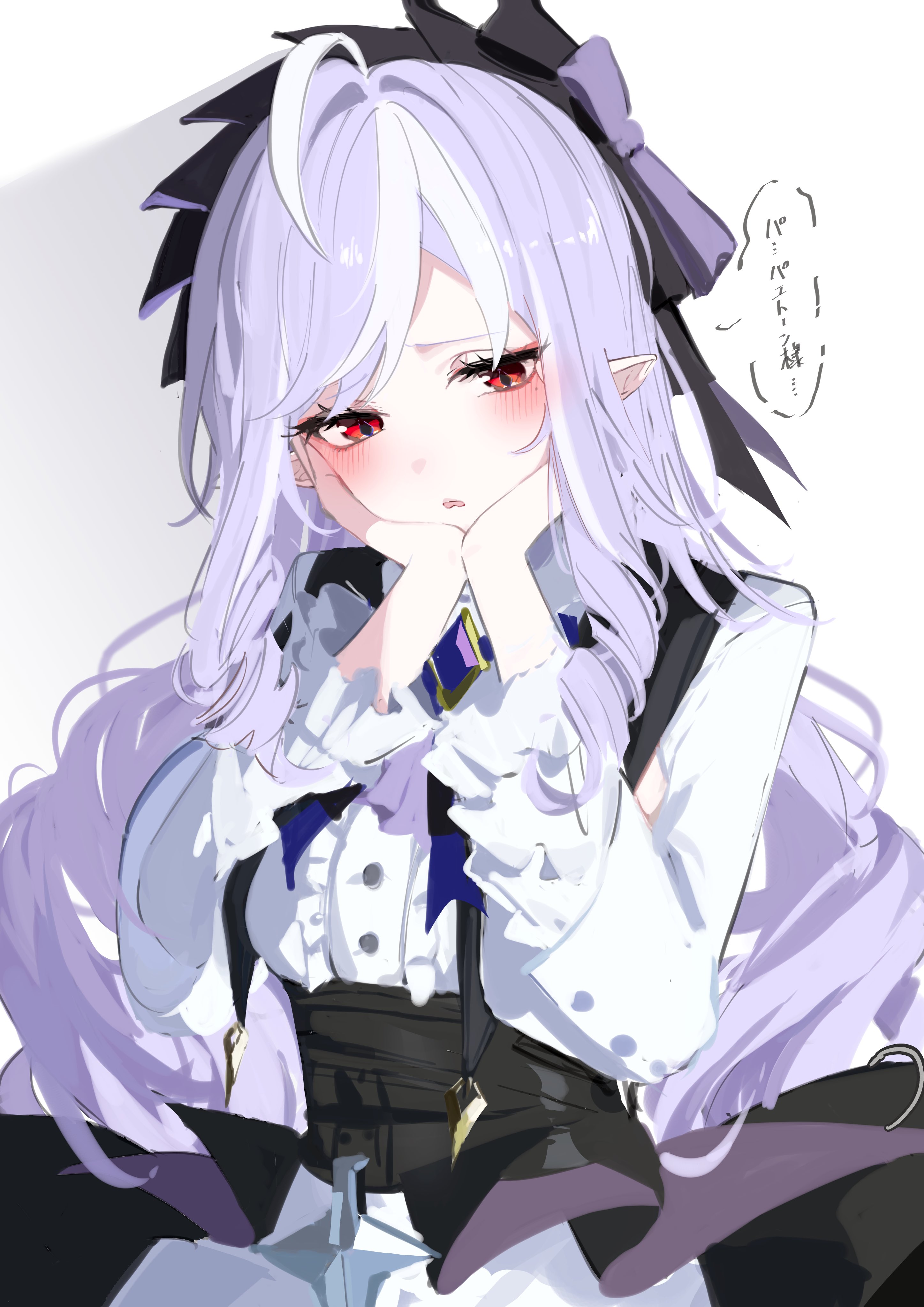 magnet 8 8, vivian banshee, zenless zone zero, absurdres, commentary request, highres, translation request, 1girl, ahoge, ascot, blush, bow, bowtie, breast curtains, center frills, drill hair, drill sidelocks, frills, gem, hairband, hands on own cheeks, hands on own face, long hair, mole, mole under eye, open mouth, pointy ears, purple ascot, purple bow, purple bowtie, purple gemstone, purple hair, purple hairband, red eyes, shadow, shrug (clothing), sidelocks, simple background, solo, speech bubble, upper body, white background, white shrug