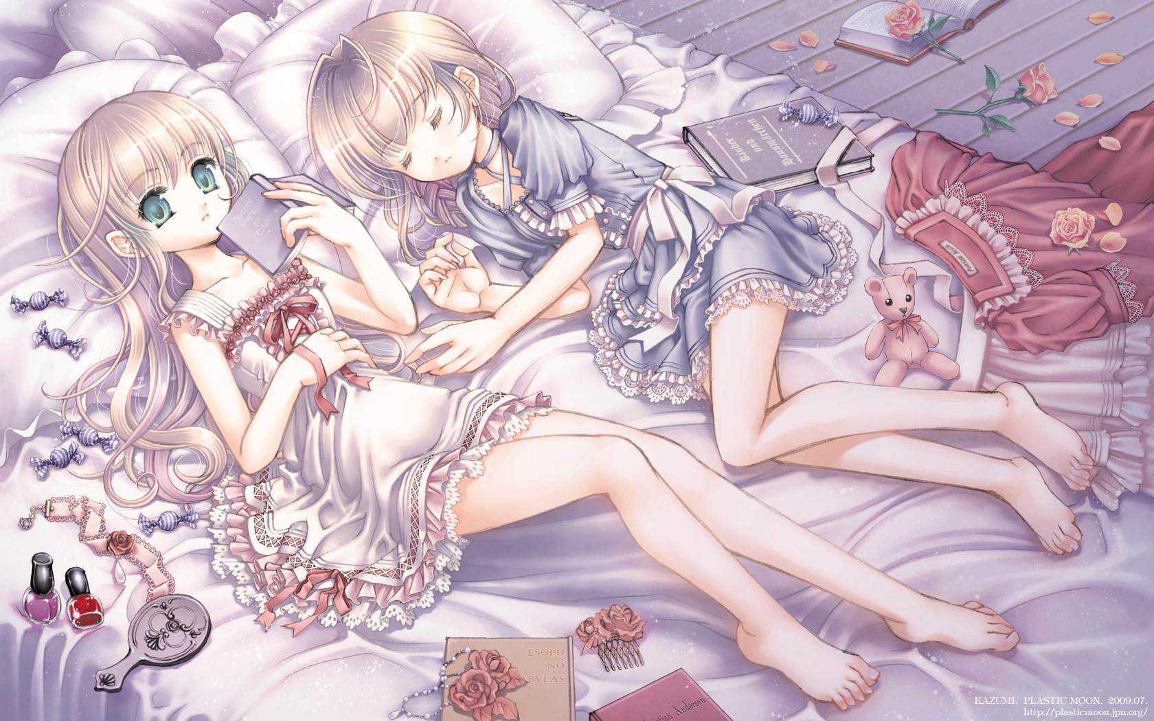 plastic moon, highres, 2girls, barefoot, bed, book, candy, closed eyes, cosmetics, feet, flower, food, long hair, lying, makeup, multiple girls, nail polish bottle, rose, sleeping, stuffed animal, stuffed toy, teddy bear