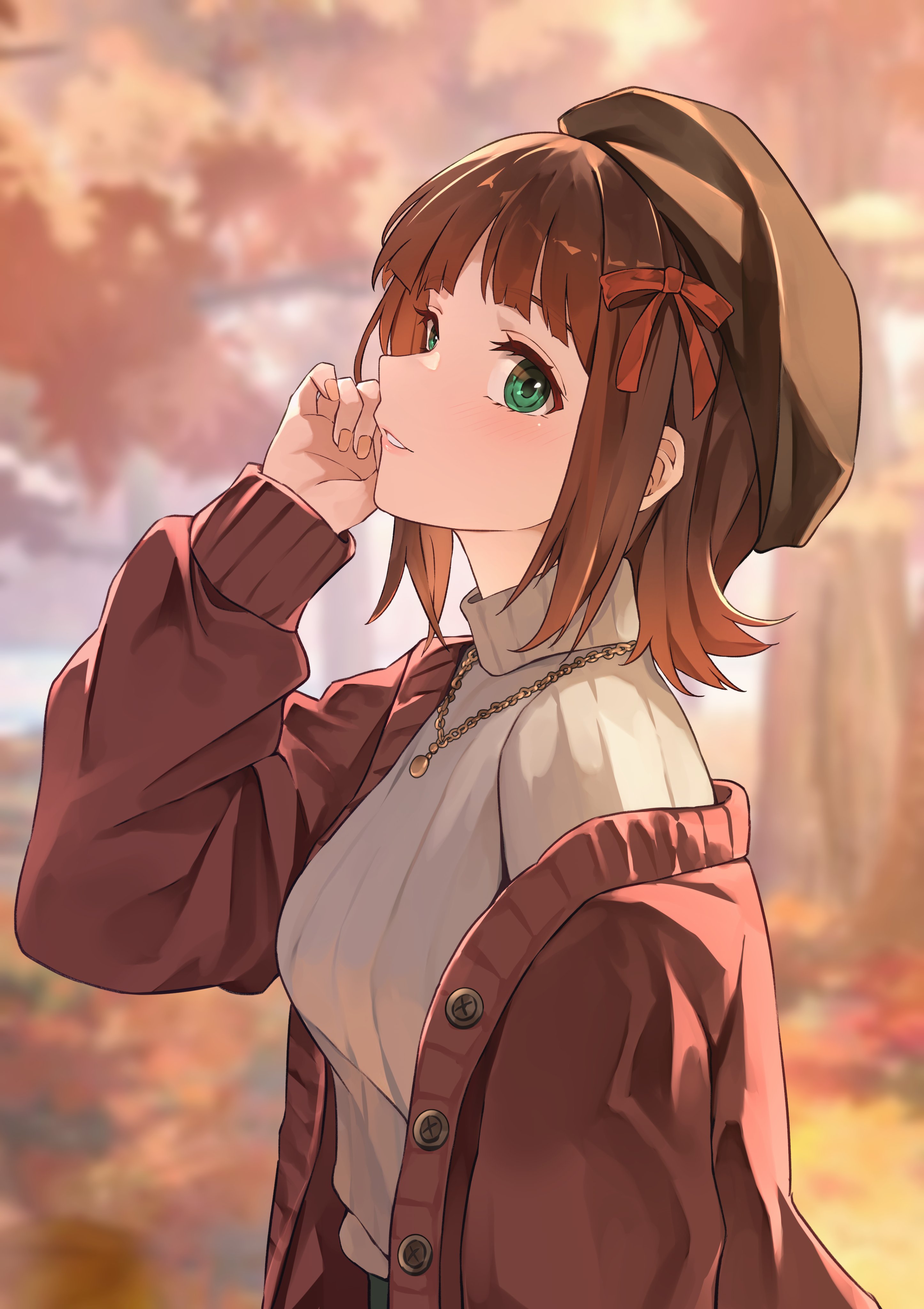 b1ack illust, amami haruka, idolmaster, idolmaster (classic), absurdres, highres, 1girl, beret, blurry, blurry background, bow, breasts, brown cardigan, brown hair, brown hat, cardigan, day, fingernails, from side, green eyes, hair bow, hand up, hat, long sleeves, looking at viewer, looking to the side, open cardigan, open clothes, outdoors, parted lips, red bow, short hair, sideways glance, solo, sweater, turtleneck, turtleneck sweater, upper body