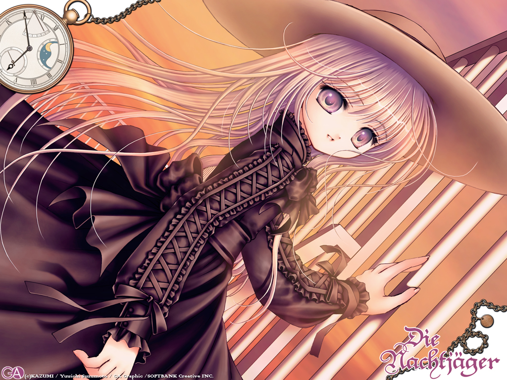 plastic moon, freyja nachtjager, die nachtjager, silver hair, 1girl, against fence, clock, die nachtju00e4ger, dress, dutch angle, female focus, fence, freyja nachtju00e4ger, gothic lolita, grey eyes, hat, lolita fashion, long hair, pocket watch, smile, solo, sun hat, sunset, watch, wind