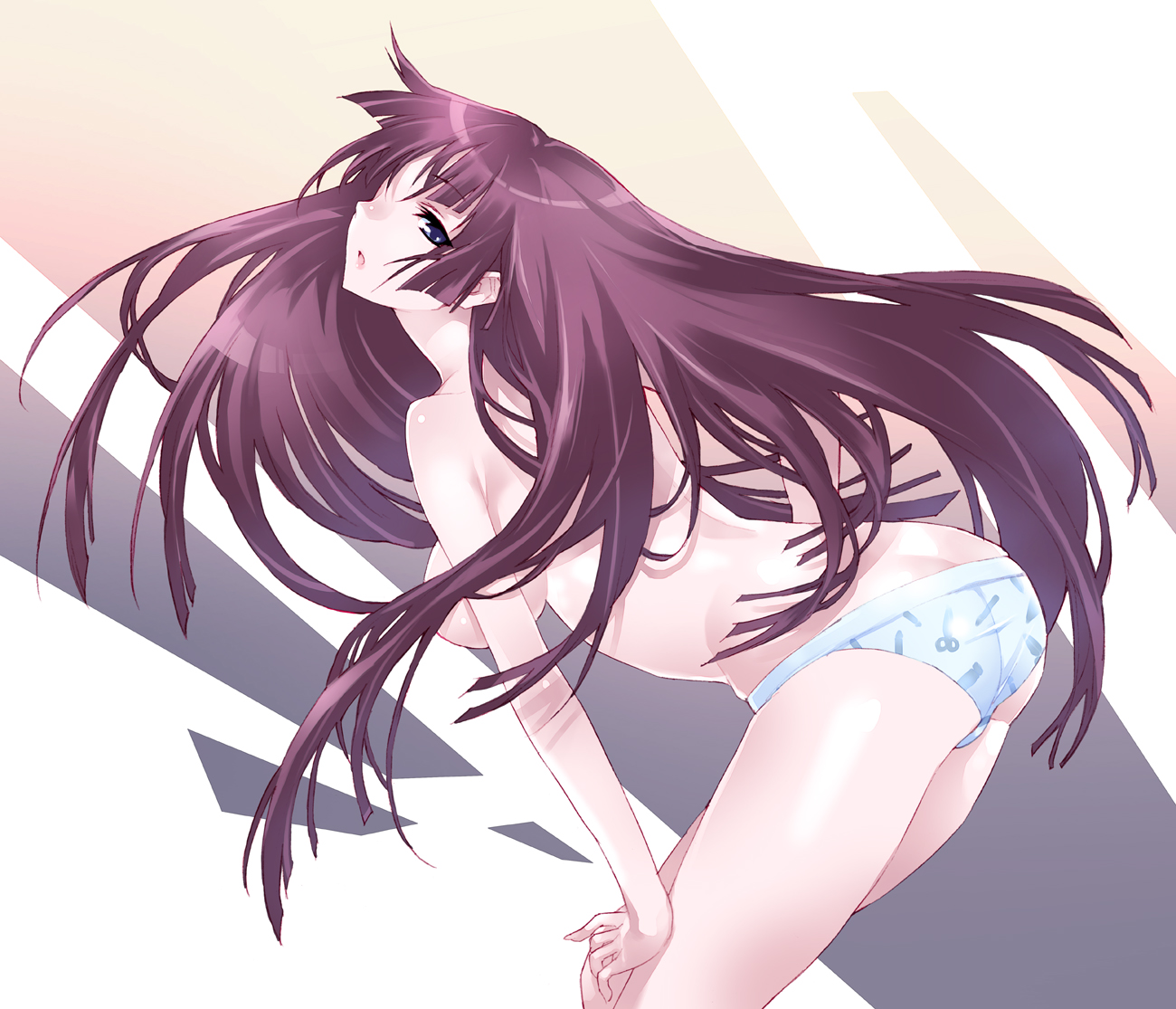 kousaki rui, senjougahara hitagi, bakemonogatari, monogatari (series), bad id, bad pixiv id, 00s, 1girl, arched back, ass, bent over, blue eyes, breasts, brown hair, female focus, long hair, panties, print panties, purple hair, solo, underwear