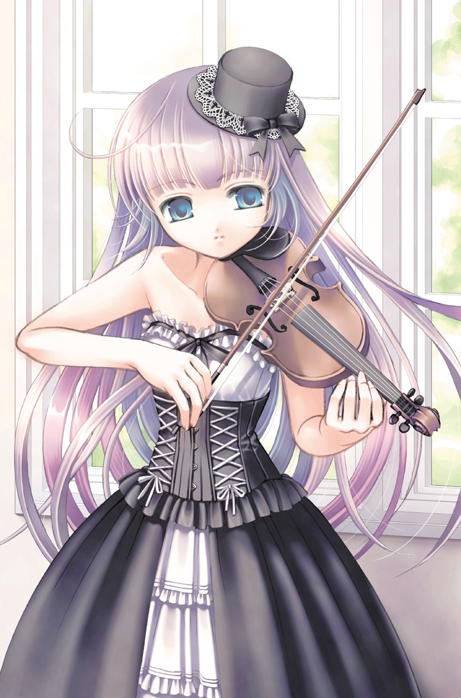 plastic moon, 1girl, bare shoulders, blue eyes, dress, female focus, gothic lolita, hat, instrument, lolita fashion, long hair, mini hat, mini top hat, purple hair, ribbon, solo, top hat, violin
