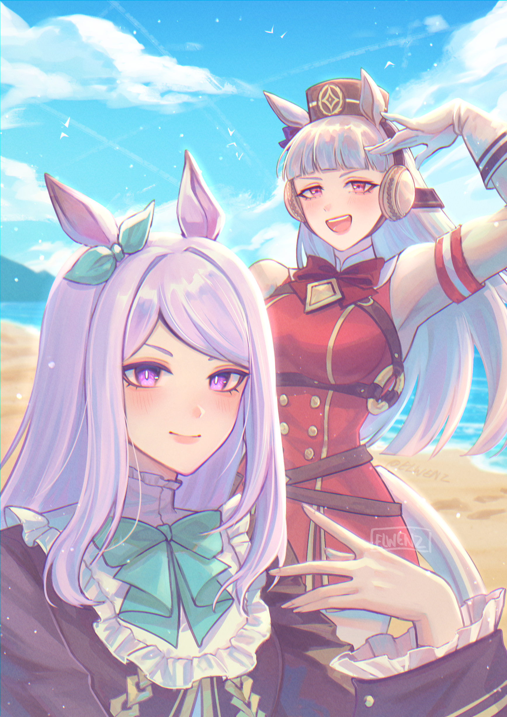 elwenz, gold ship (red strife) (umamusume), gold ship (umamusume), mejiro mcqueen (frontline elegance) (umamusume), mejiro mcqueen (umamusume), umamusume, absurdres, highres, 2girls, animal ears, aqua bow, aqua bowtie, aqua ribbon, armband, beach, black jacket, blue sky, blunt bangs, blush, bow, bowtie, breasts, brown hat, closed mouth, cloud, coat, dress, ear bow, ear ribbon, frilled coat, frilled jacket, frills, gloves, grey hair, hat, horse ears, horse girl, horse tail, jacket, long hair, long sleeves, looking at viewer, medium breasts, multiple girls, open mouth, outdoors, pantyhose, pillbox hat, purple bow, purple eyes, purple hair, red dress, ribbon, sand, sky, sleeveless, sleeveless dress, smile, striped armband, striped clothes, tail, water, white gloves, white pantyhose