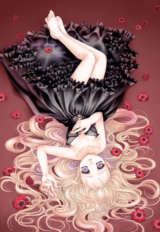 plastic moon, 1girl, bare shoulders, barefoot, black dress, blonde hair, collarbone, dress, feet, female focus, flower, frilled dress, frills, hand on own chest, lolita fashion, long hair, looking at viewer, lying, purple eyes, solo, upside-down