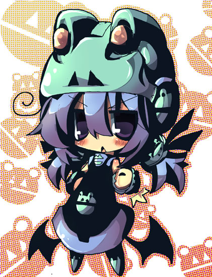 dango mushi, bael (dango mushi), original, 1girl, :<, animal hat, animal helmet, blue eyes, blue hair, blush, chibi, demon girl, dress, female focus, frog, hat, helmet, matching hair/eyes, rosy cheeks, short twintails, solo, thumbs up, twintails, wings